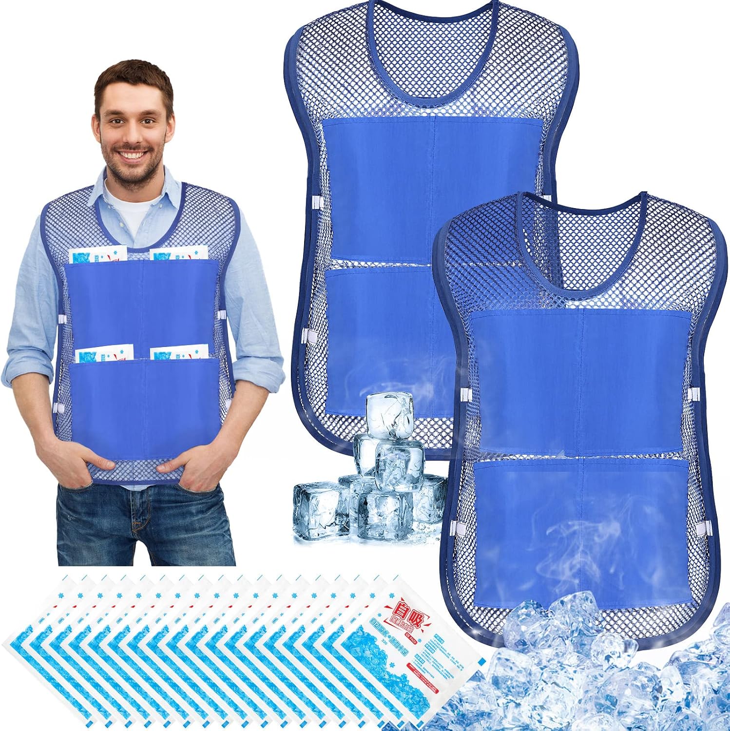 Mepase ice cooling vest front view with blue mesh design