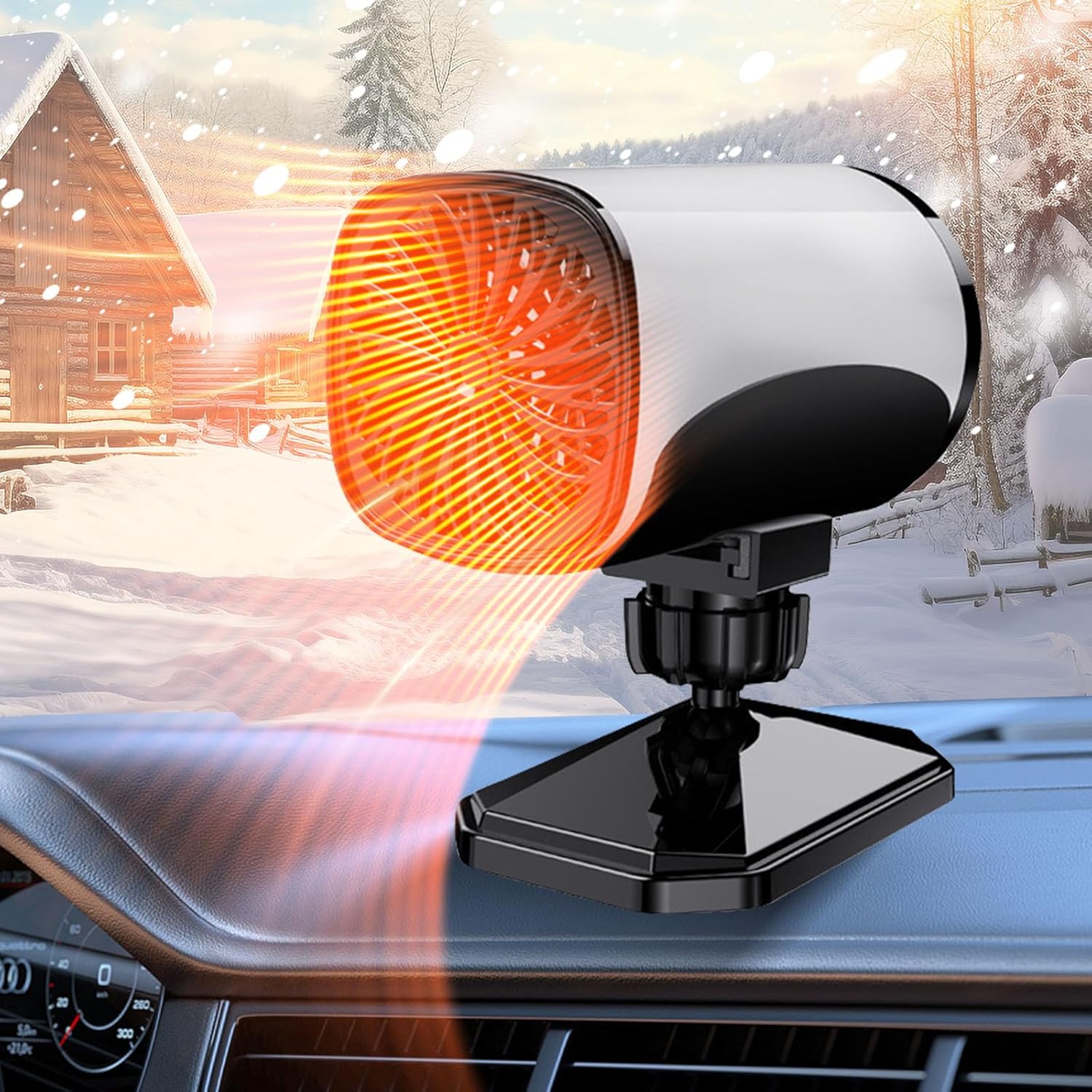 Ysislybin universal car heater front view showing white cylindrical body on dashboard