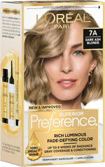 L'Oreal Paris Superior Preference Luminous Fade-Defying Permanent Hair Color, Hair Dye For Up to 9 Weeks of Radiance, Dark Ash Blonde 7A, 1 Hair Dye Kit - Image 1