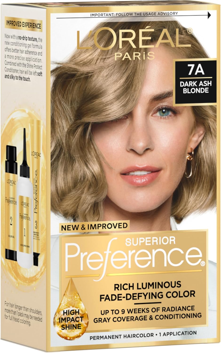 L'Oreal Paris Superior Preference Luminous Fade-Defying Permanent Hair Color, Hair Dye For Up to 9 Weeks of Radiance, Dark Ash Blonde 7A, 1 Hair Dye Kit - Image 1