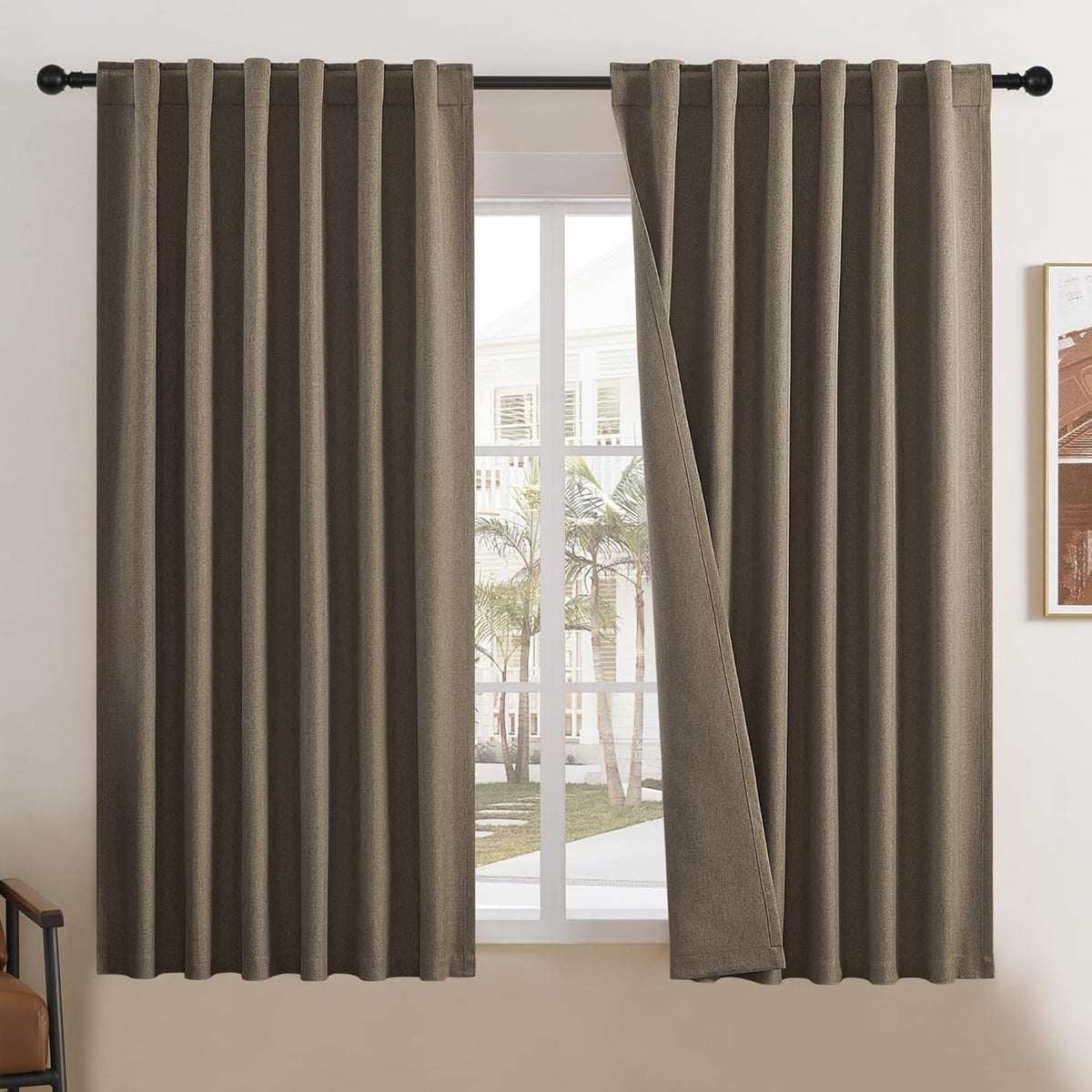 Dualife brown curtains front view showcasing textured linen fabric and 63 inch length