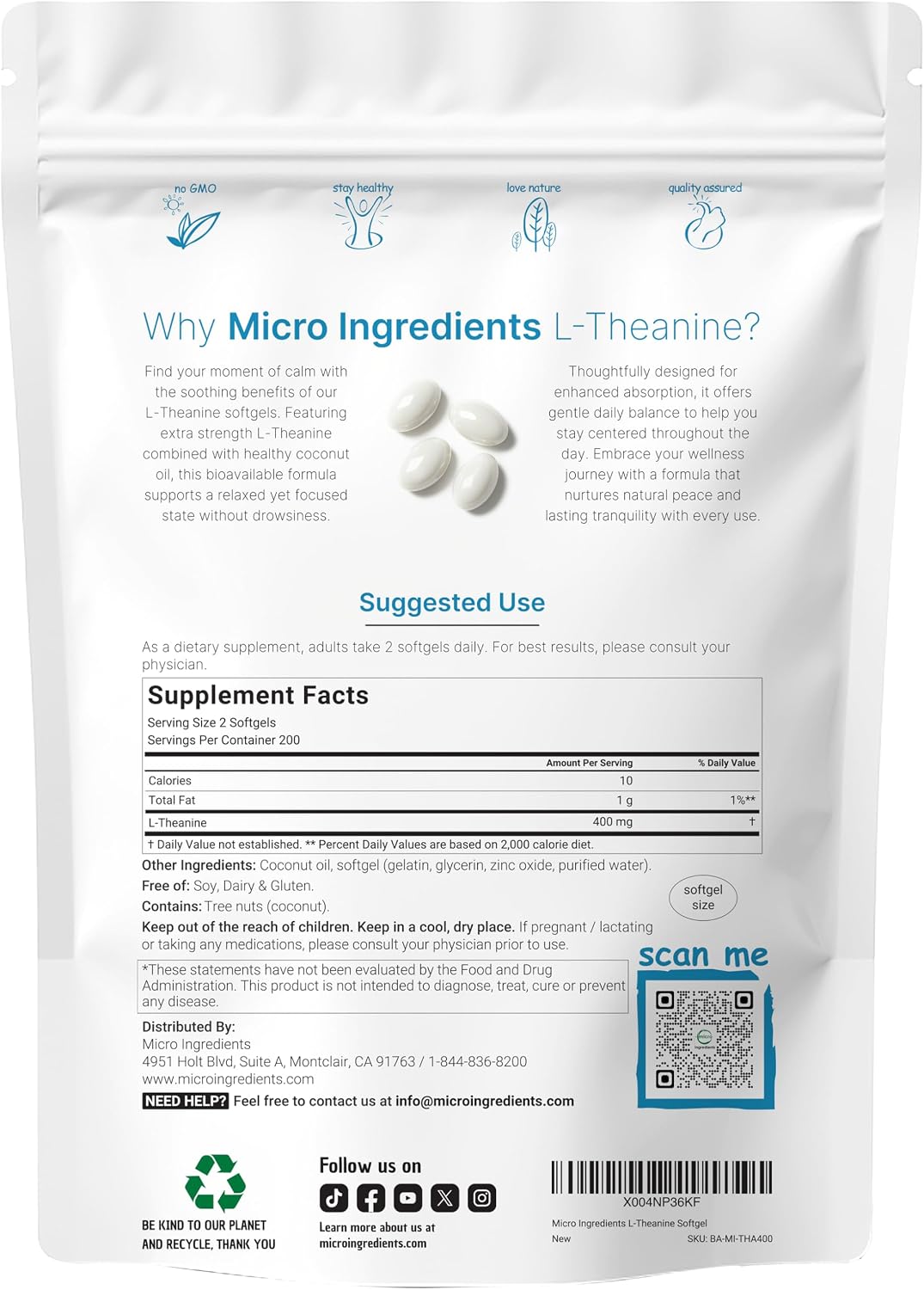 Micro Ingredients L-Theanine supplement pouch showing coconut oil infusion details