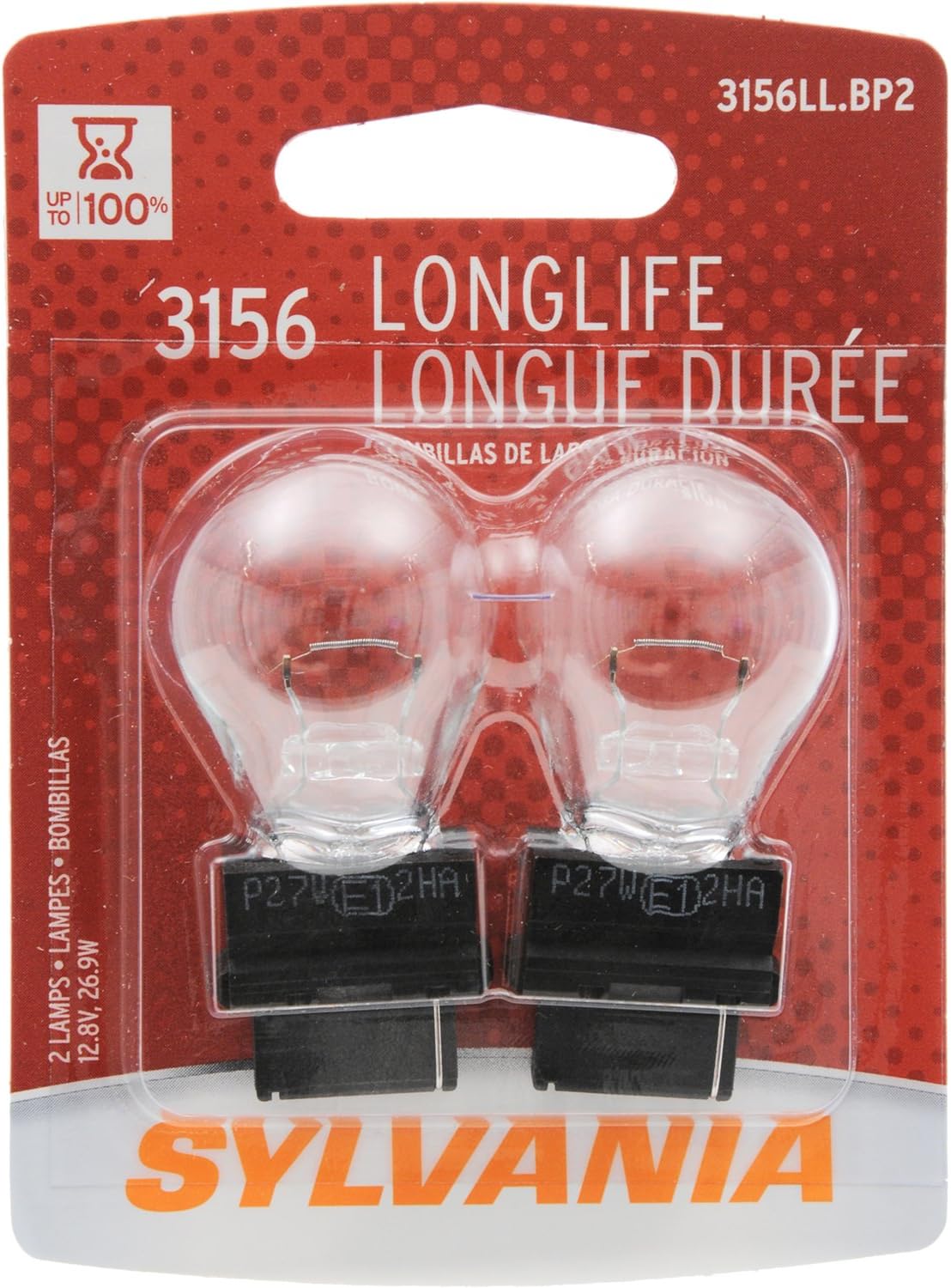 Sylvania 3156 long life miniature bulb front view packaging