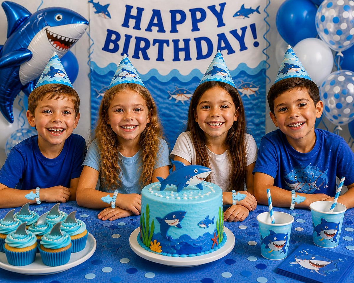 Individually wrapped blue and white shark candy wristbands for kids parties.