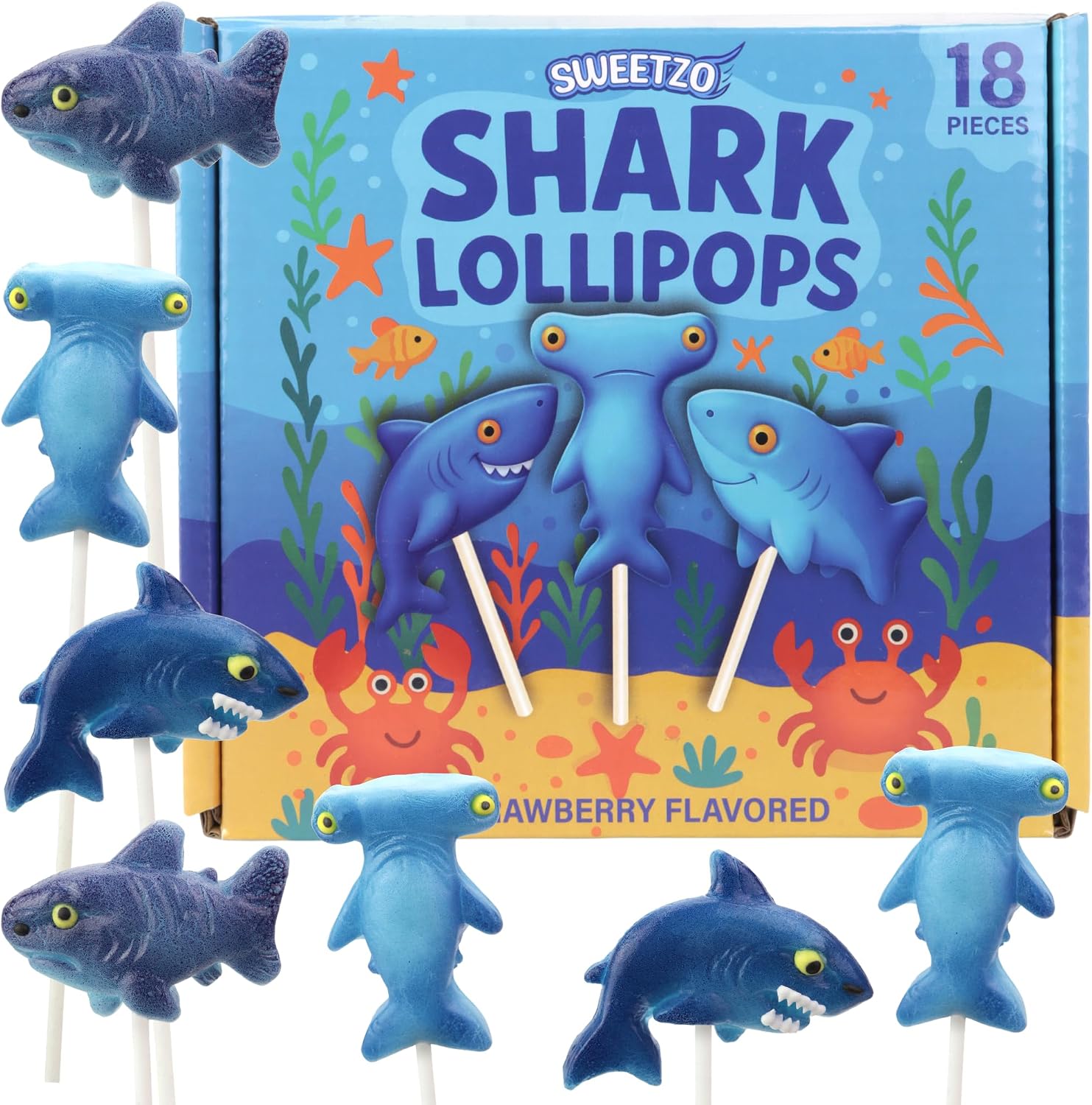 Sweetzo shark candy lollipops front view package for ocean themed parties