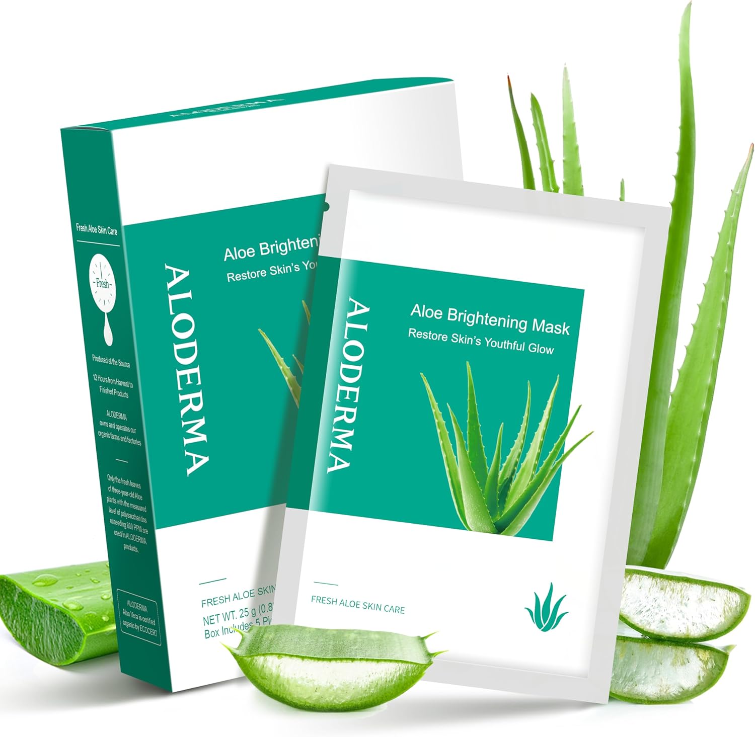 Aloderma Brightening Sheet Masks with 88 percent organic aloe vera for glowing skin