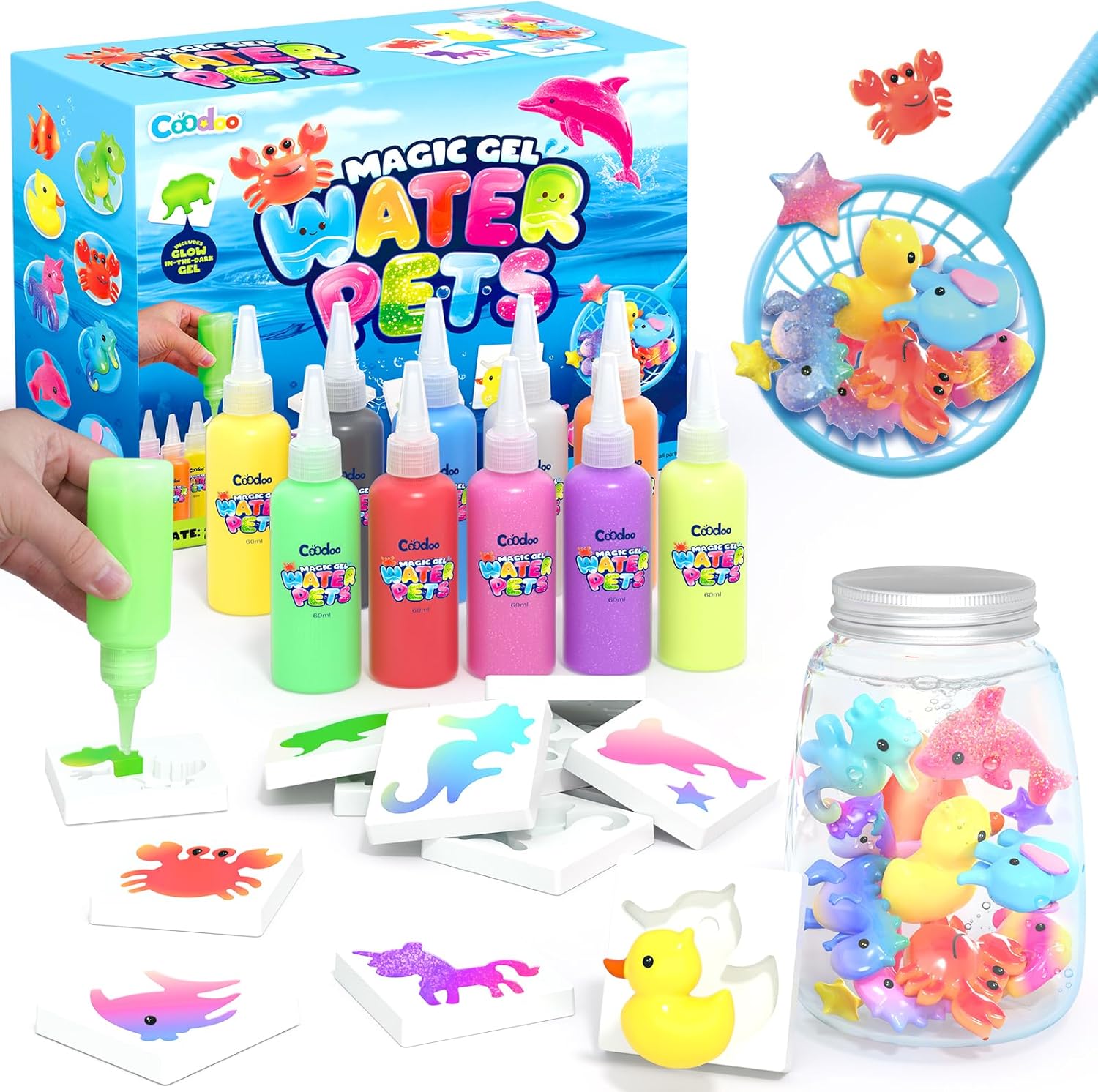 Coodoo Magic Water Elf Toy Craft Kit front view showing colorful gel bottles and molds