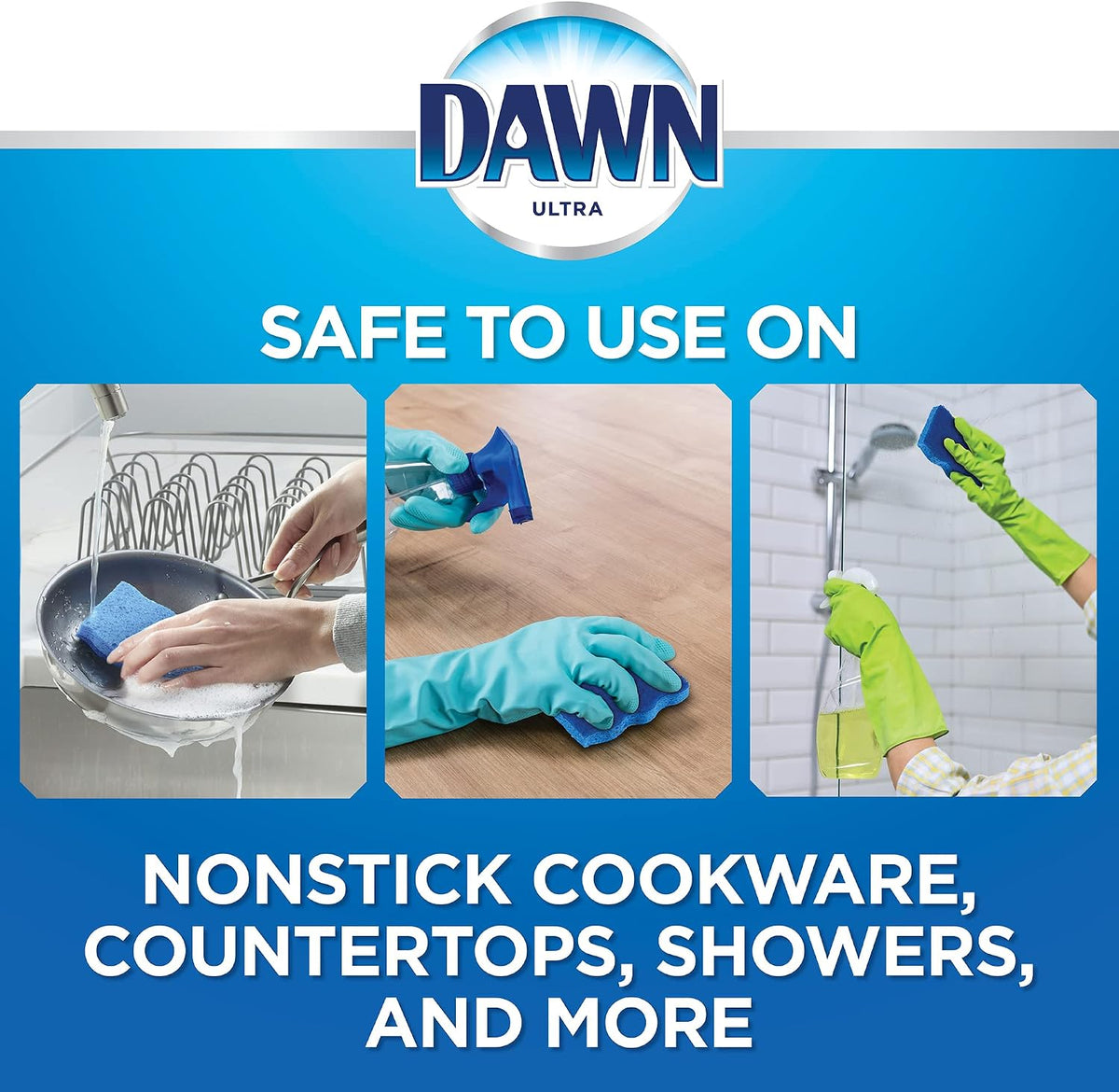 Dawn blue scrubber sponges demonstrating non-scratch cleaning on glassware