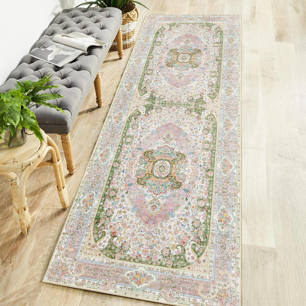 Green Round Rug 4ft,Circle Washable Area Rugs for Bedroom Bathroom | Boho Vintage Bohemian Distressed Oriental Floral Carpet for Entryway Non Slip,Sage - Image 11