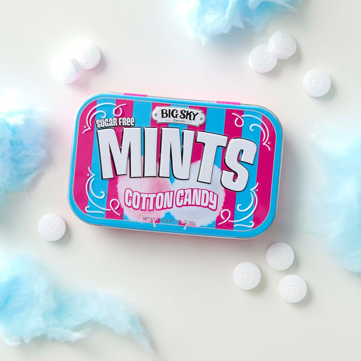 Close up view of the kosher certified sugar free cotton candy mints tin.