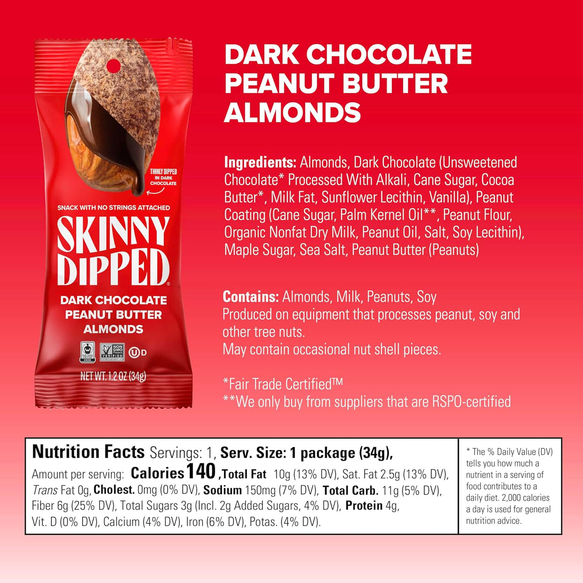 SkinnyDipped dark chocolate cocoa almonds nutrition label and ingredients list check