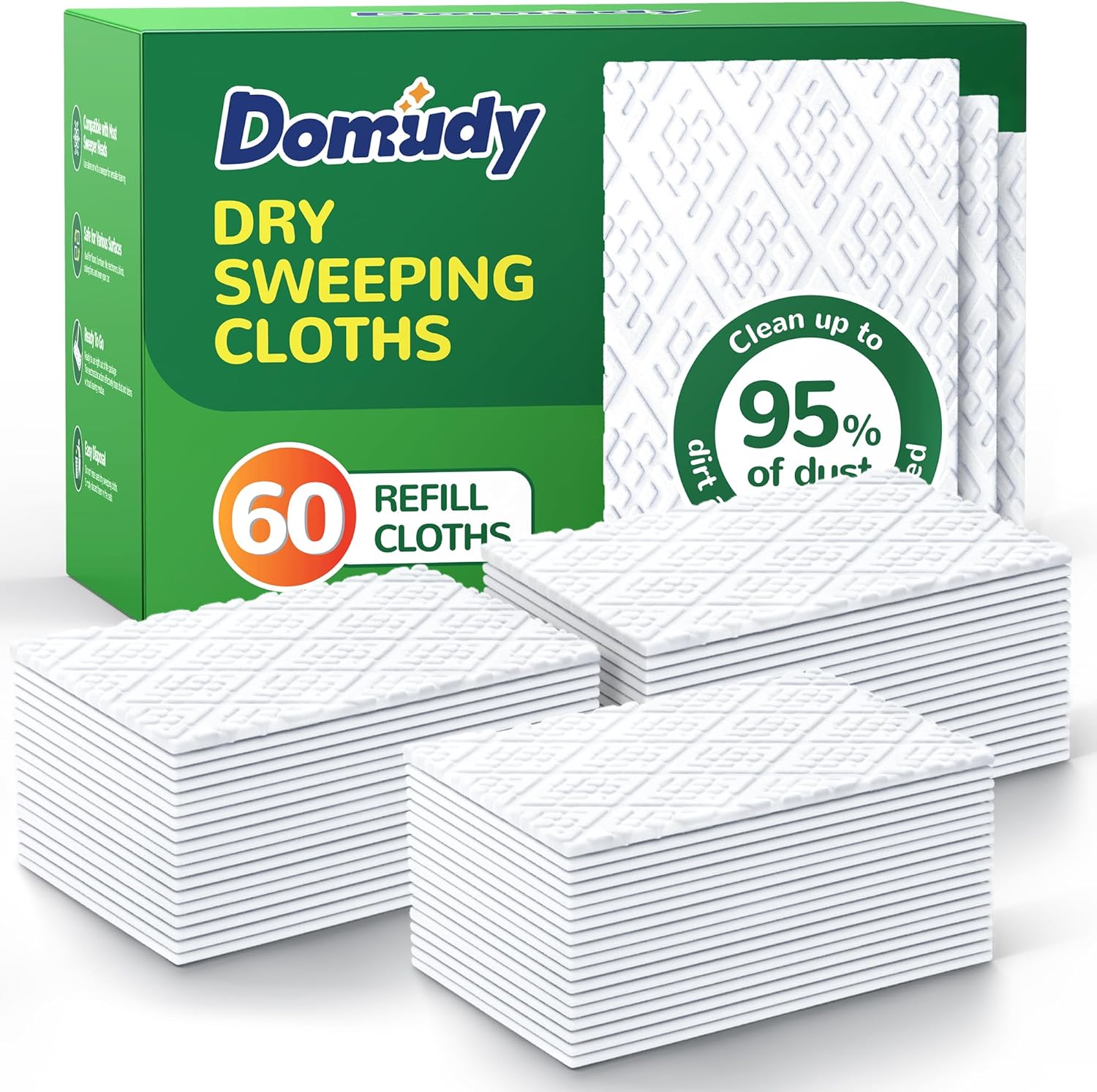Domudy dry sweeping cloths refills front view pack of sixty disposable mop pads.