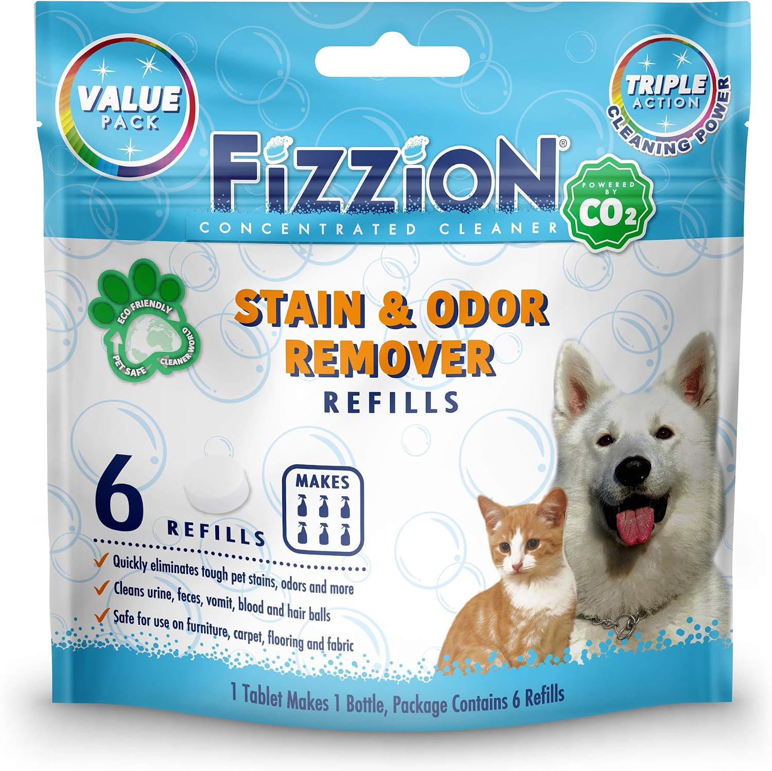 Fizzion pet stain and odor remover tablets original front packaging view