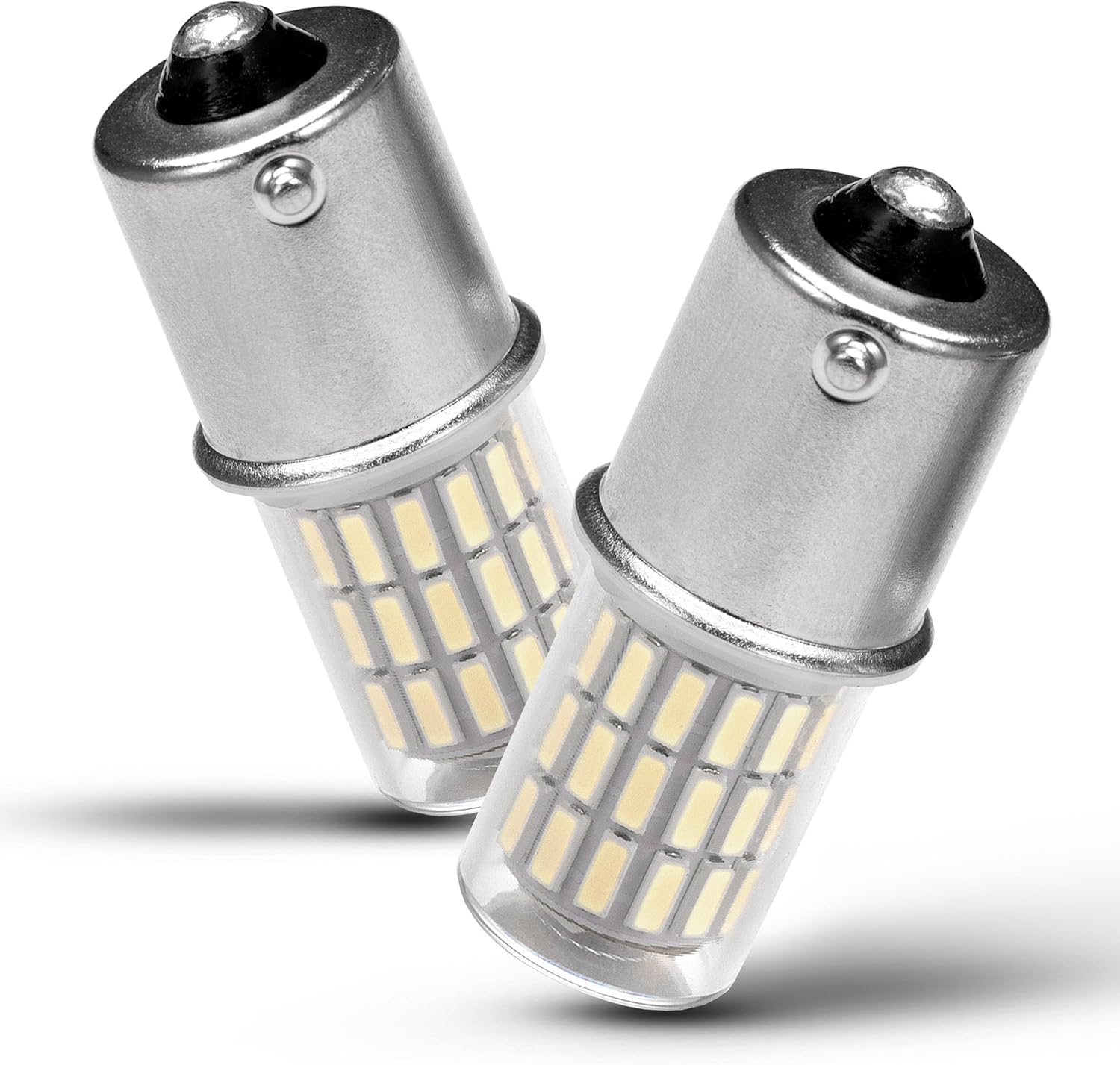 Heifymi 1156 LED bulb pack front view showcasing the BA15S metal base and diffused lens element.