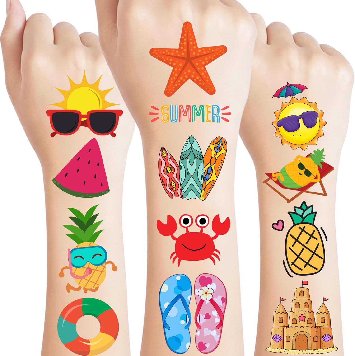 Big Mo's Toys Summer Temporary Tattoos pack front view showing vibrant beach themed sticker sheets.