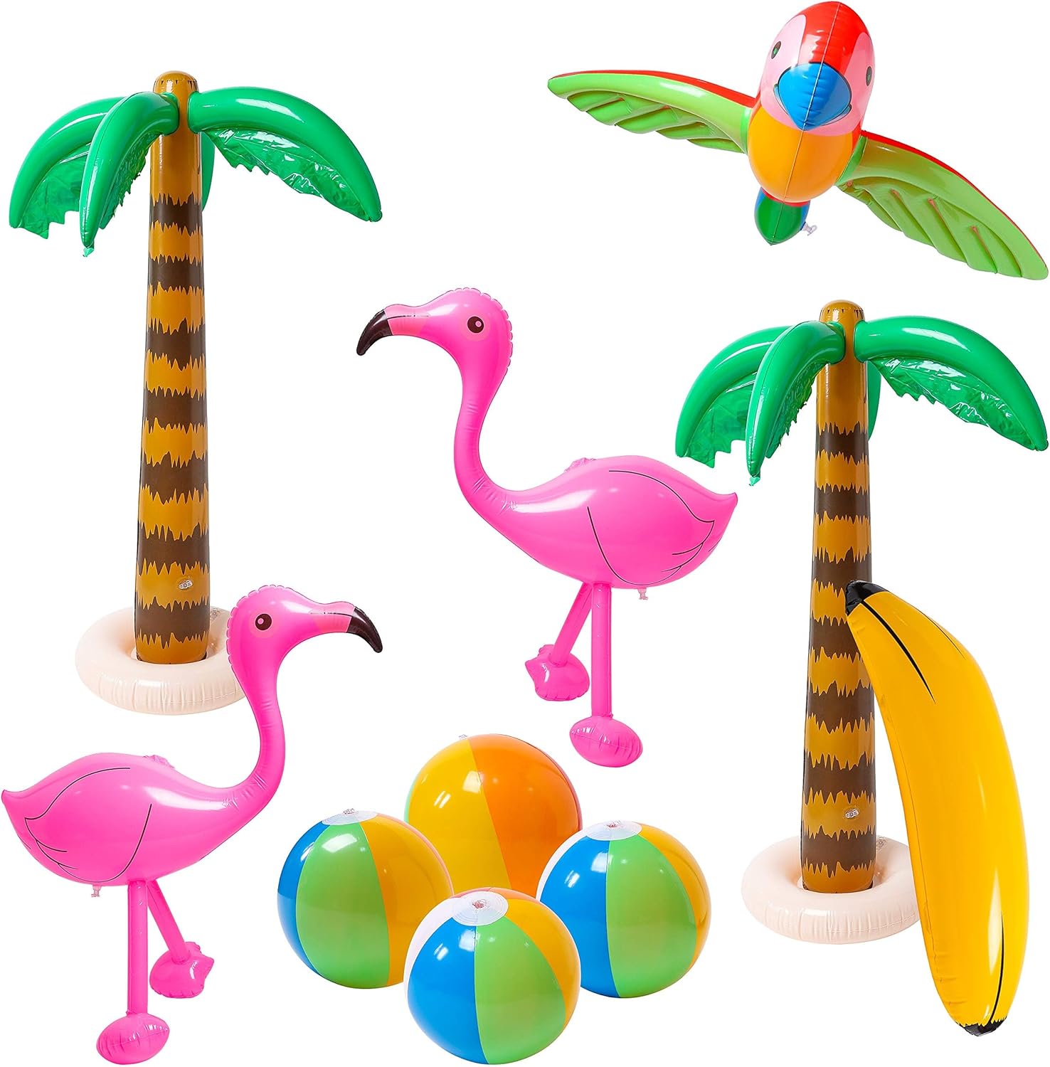 R HORSE inflatable palm tree flamingo party decoration set front view display.