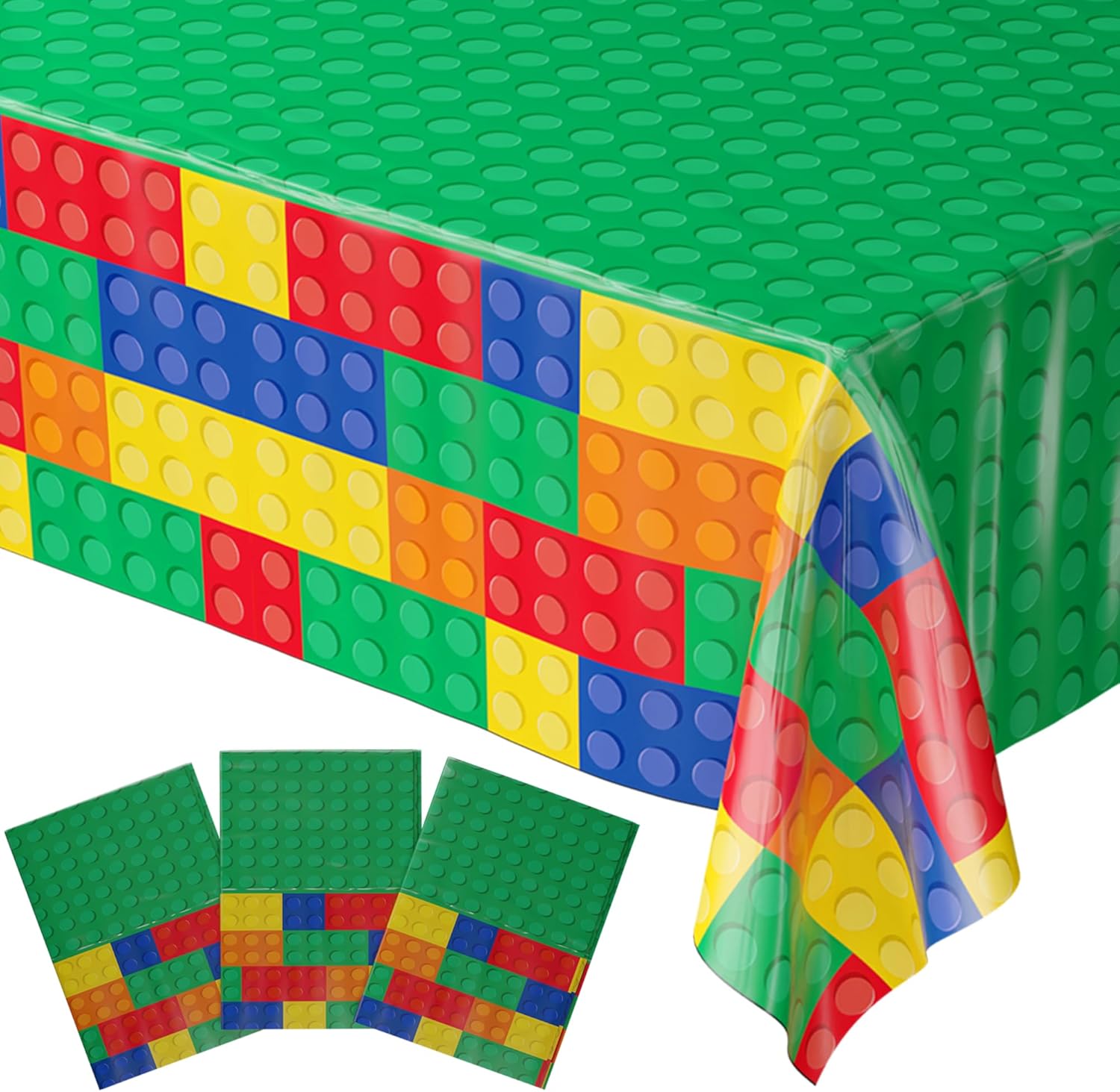 Blue Orchards Brick Table Covers pack of three front view showing colorful building block patterns for kids birthday party decorations.