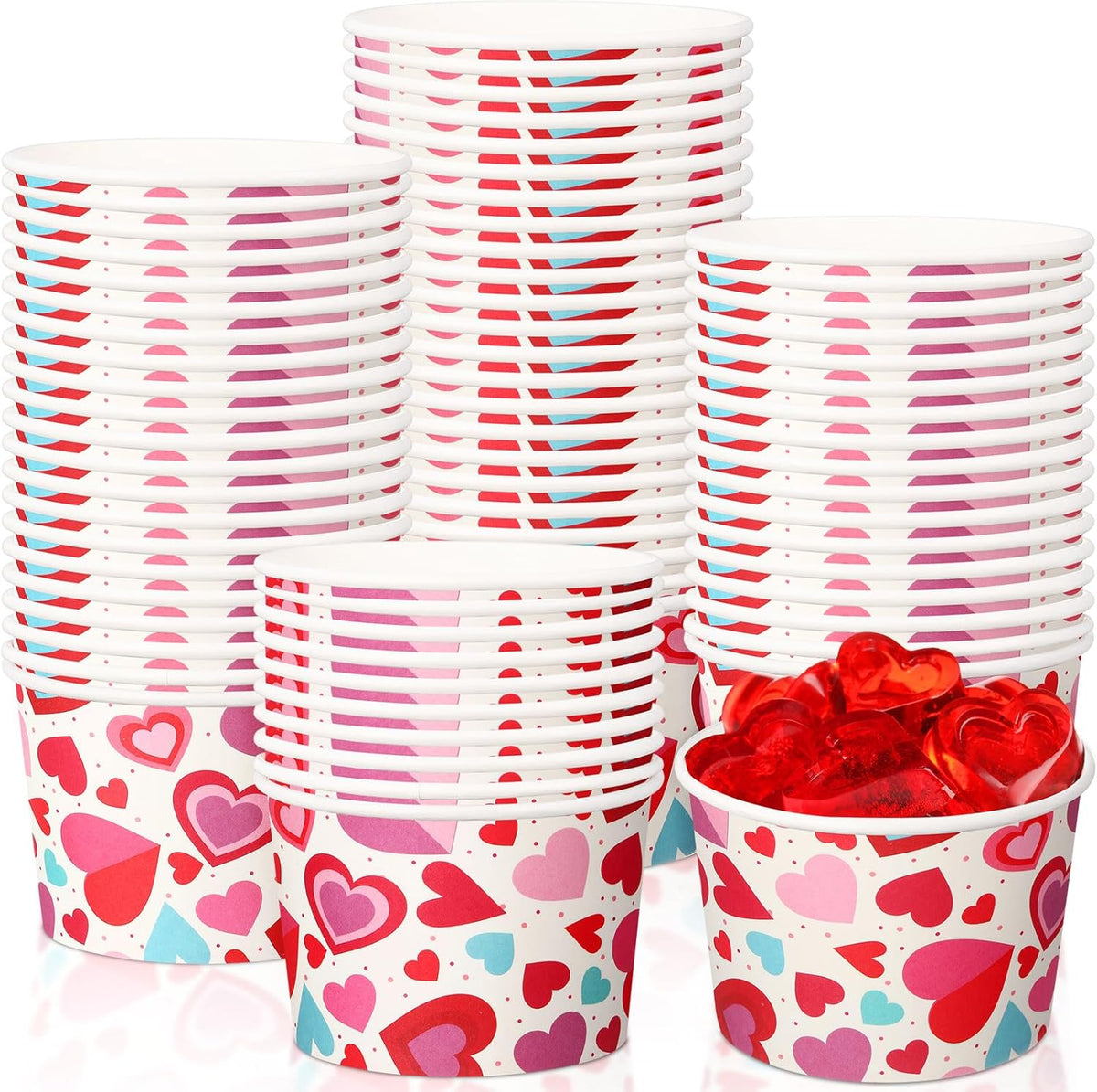 Potchen 50 pack 9 fluid ounce Valentine's Day heart paper soup bowls for party supplies