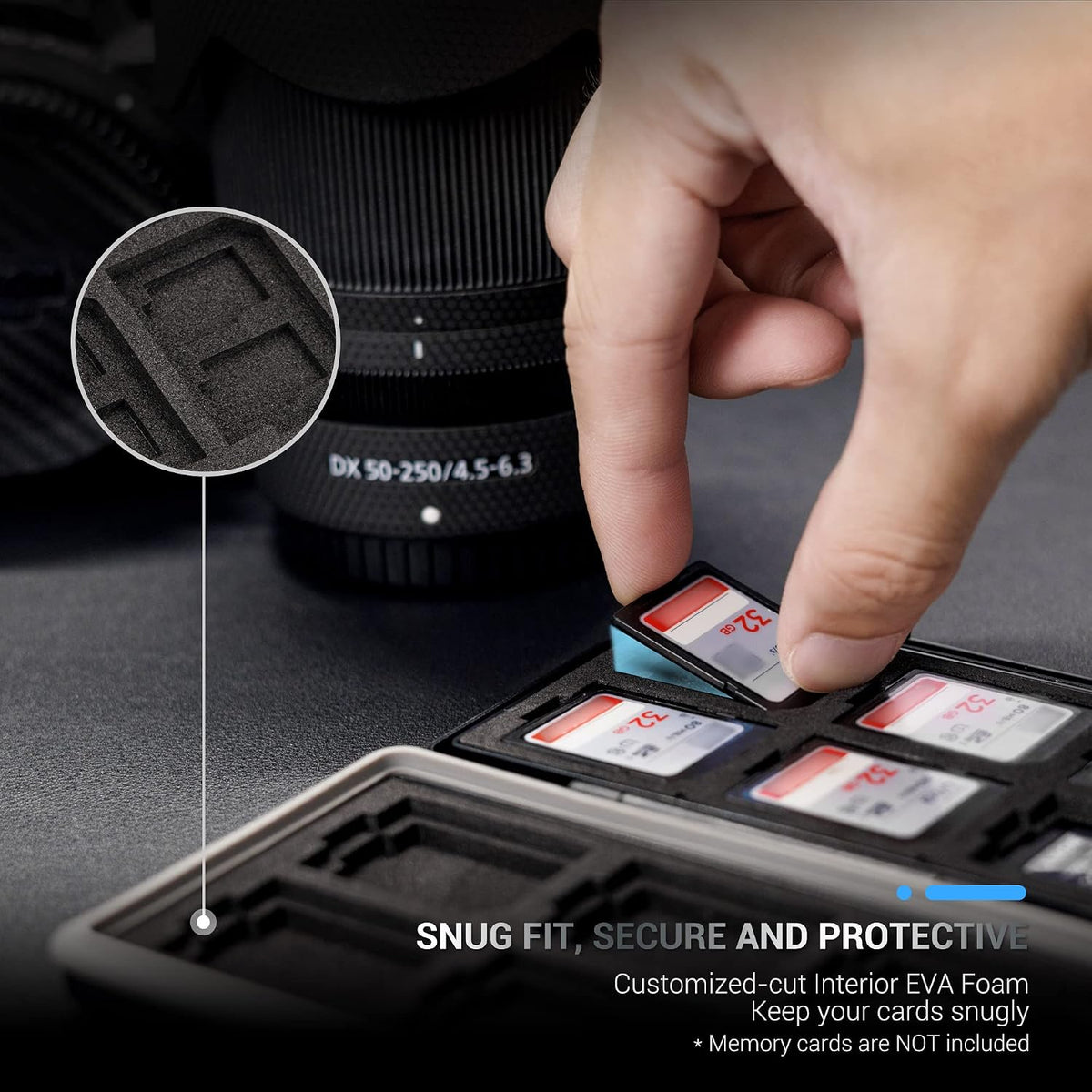 JJC memory card organizer box open showing dual-sided interior slots