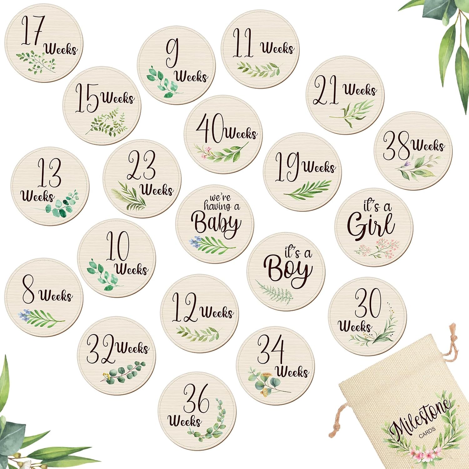 Leinuosen wooden pregnancy week signs front view displaying engraved week eight and week forty milestone details