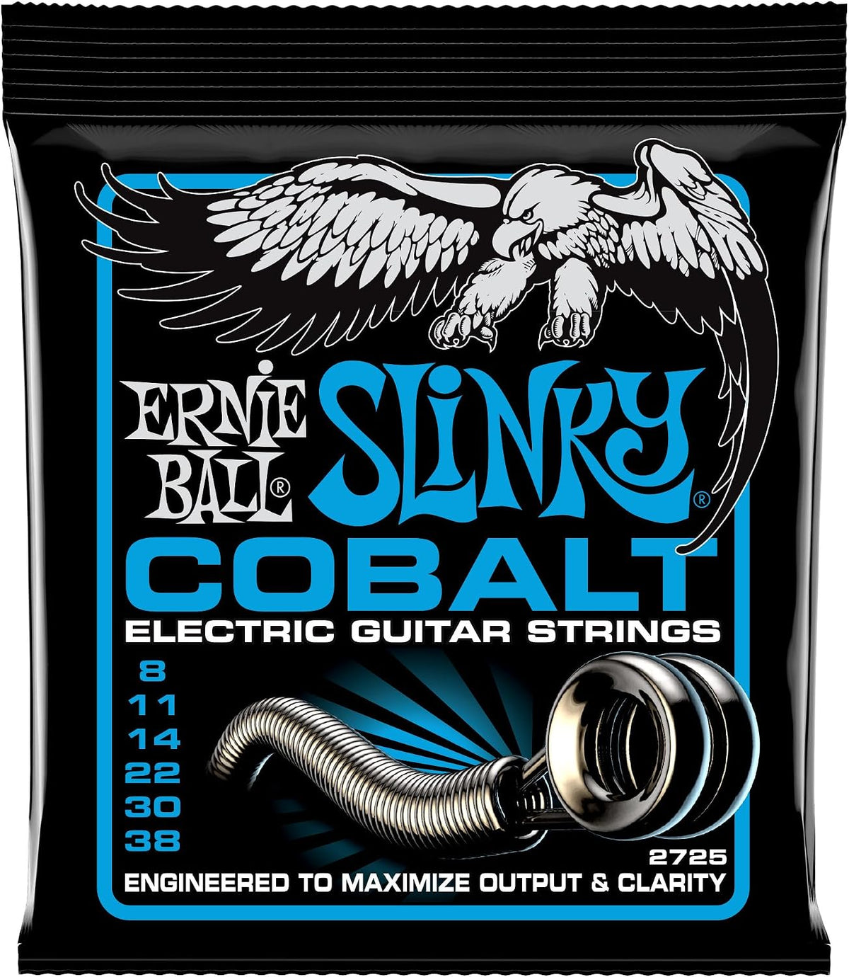 Ernie Ball extra slinky cobalt electric guitar strings front view