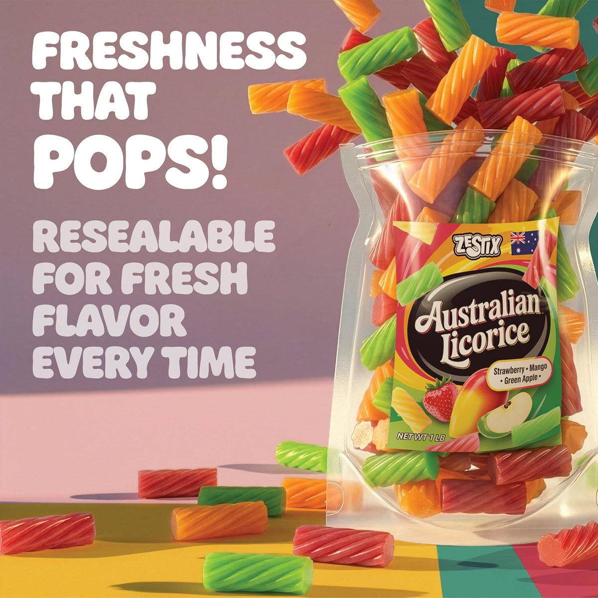 Soft eating gourmet Australian style mixed fruit licorice confectionery details
