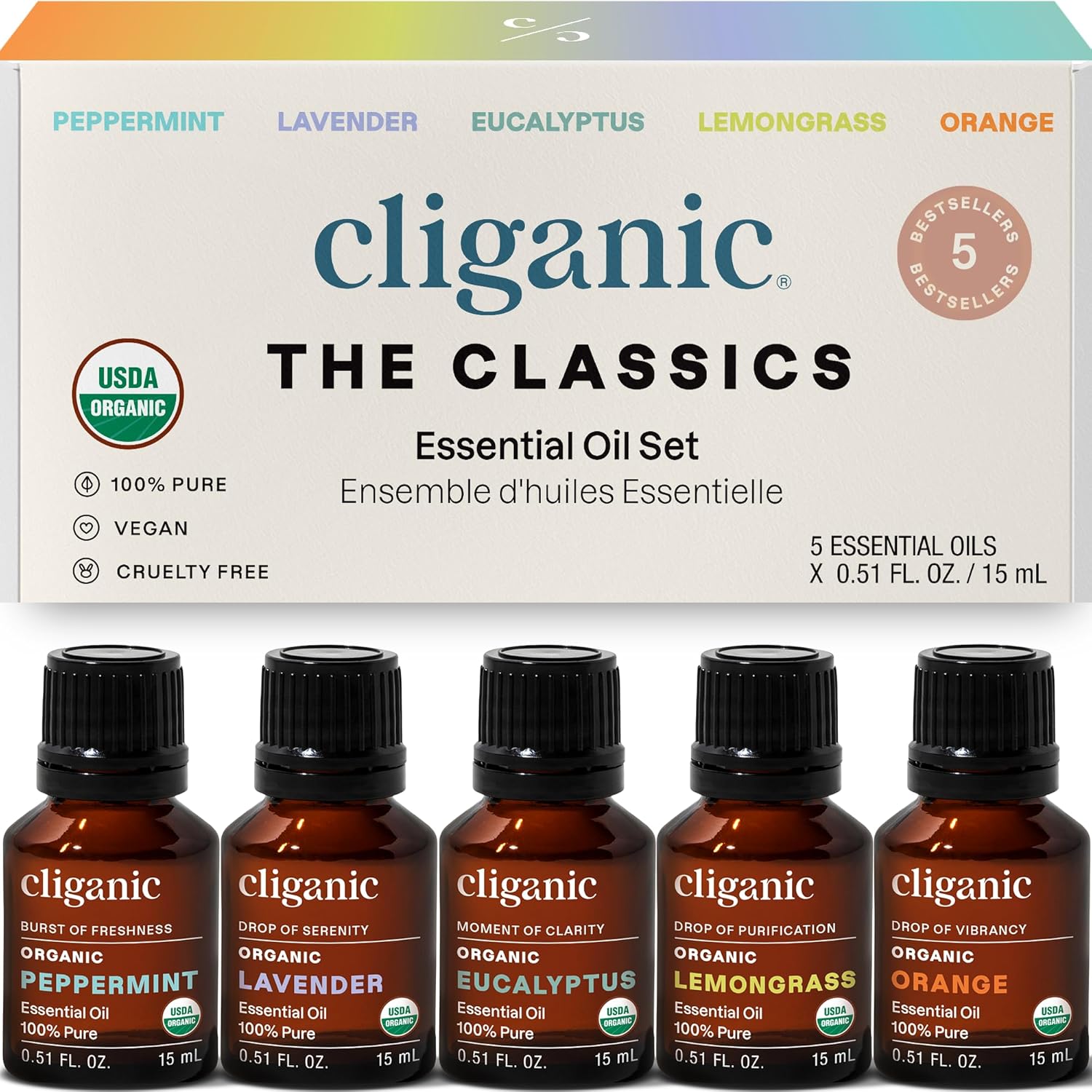 Cliganic Organic Essential Oils Set front view of five pack aromatherapy bottles
