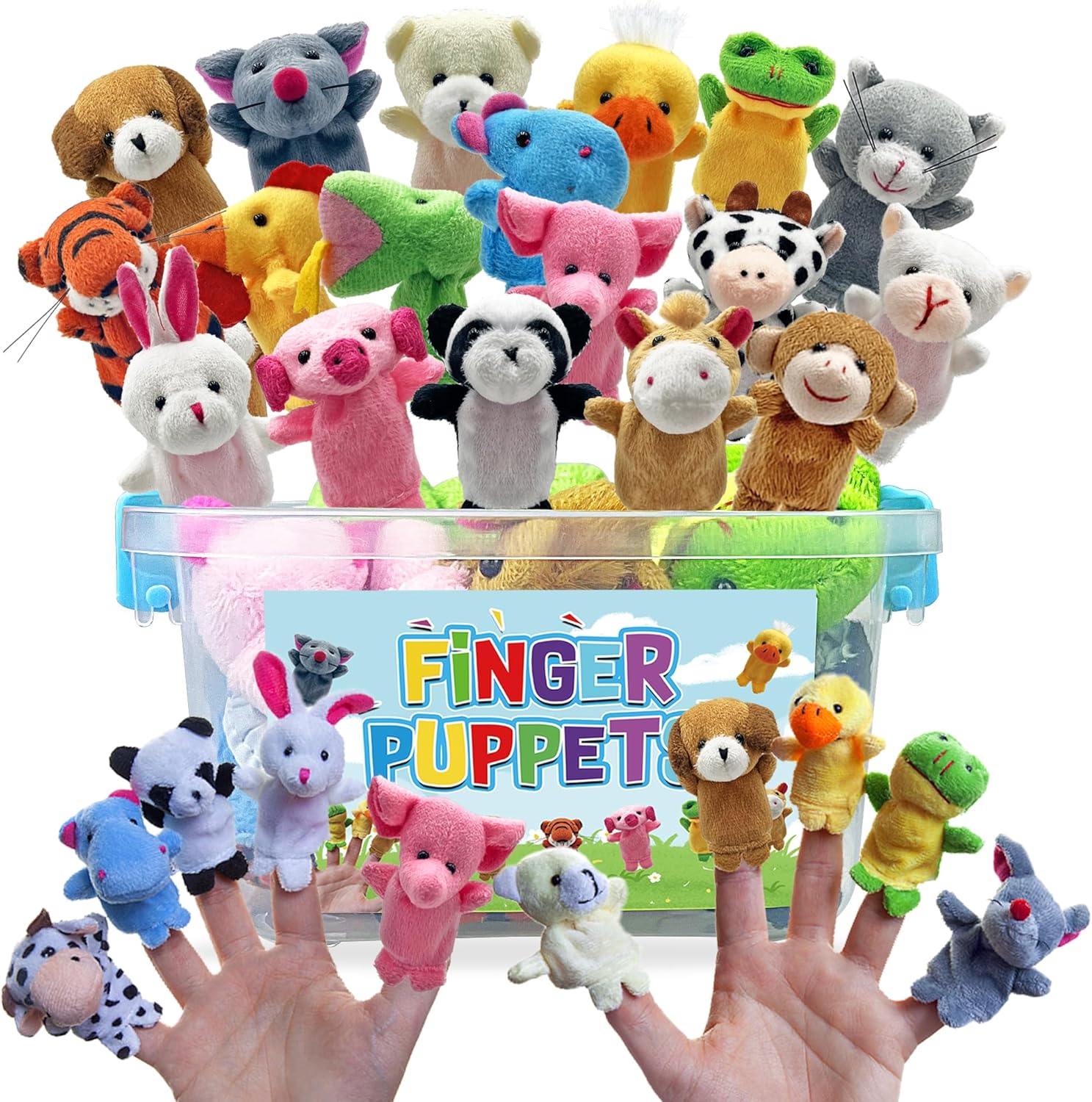 PPXMEEUDC 18 Piece Plush Animal Finger Puppets Set front view showcasing assorted miniature stuffed animals.