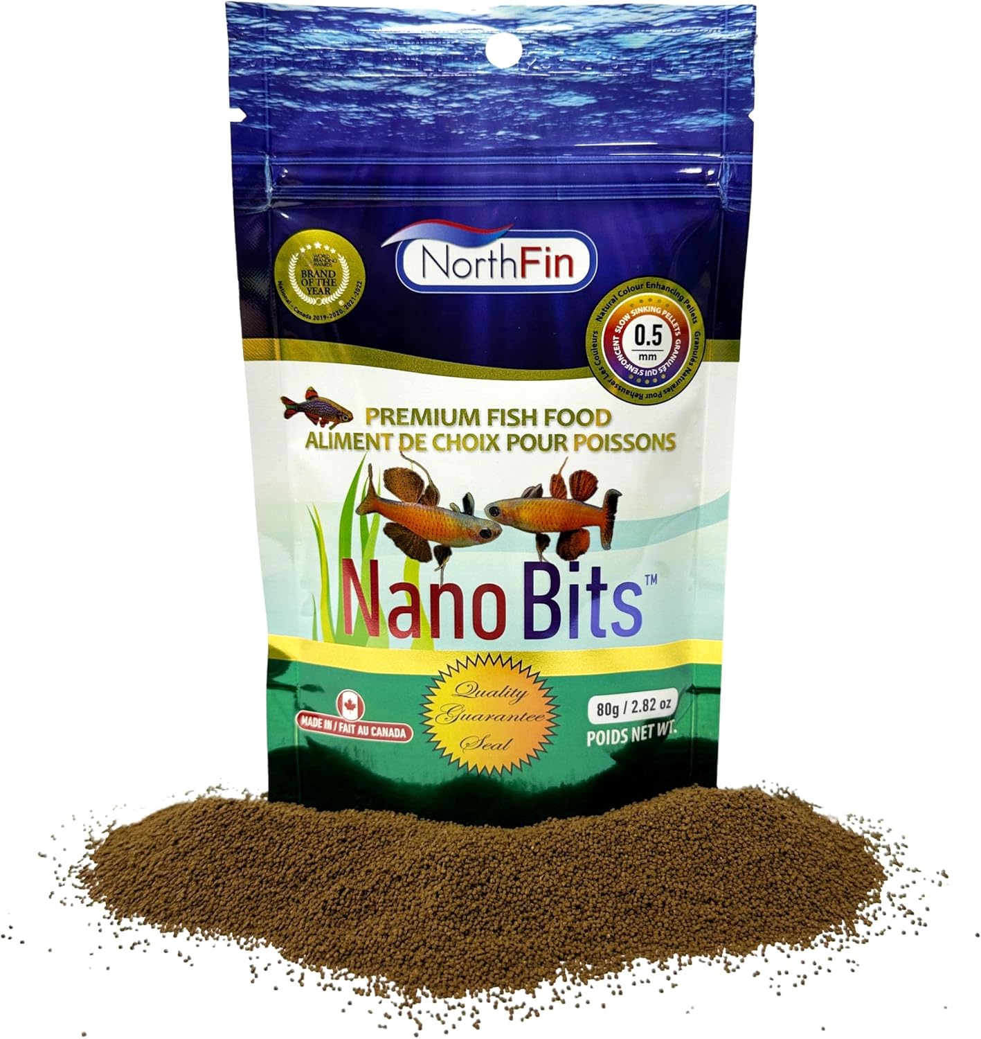 Northfin Nano Bits Fish Food front view showing packaging and 80g size