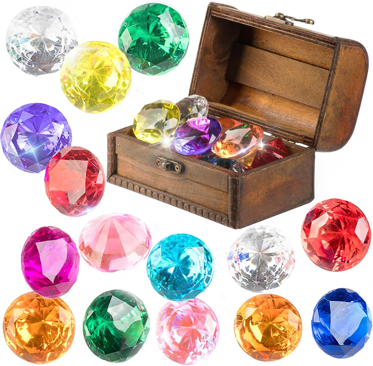 PUBGAMER diving gem pool toy set showing fifteen colorful acrylic diamonds scattered next to a wooden treasure chest.