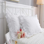 Meaning4 white square pillow sham front view showing lace and ruffles
