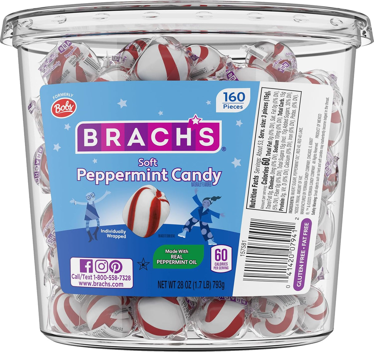 Brach's Bobs Sweet Stripes Soft Peppermint Candy, Individually Wrapped Pieces, 3.9 lb Tub (350 Count) - Image 10