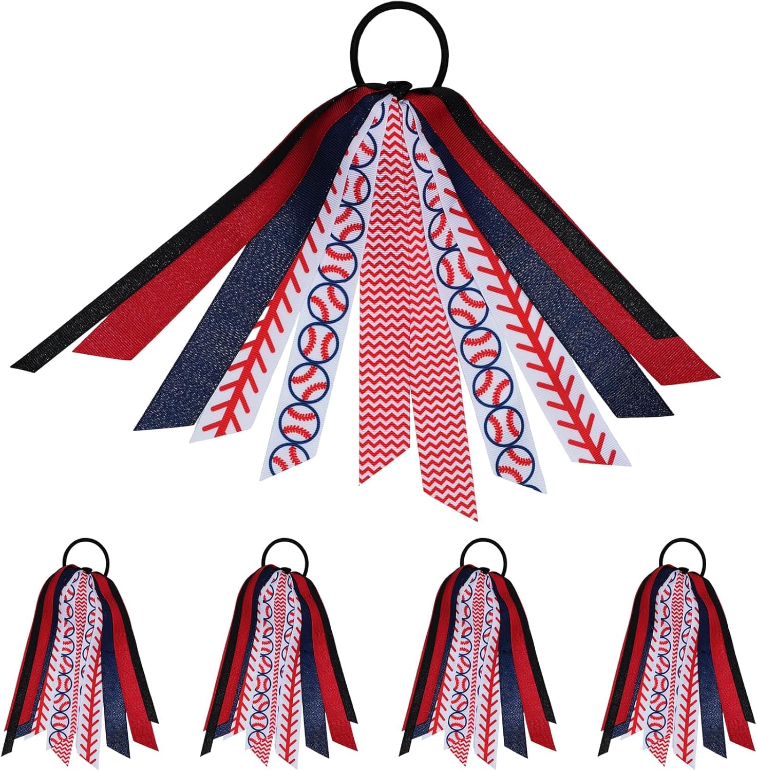 YKW baseball hair ties ribbon ponytail holder five pack front view featuring red white and navy blue sports streamers