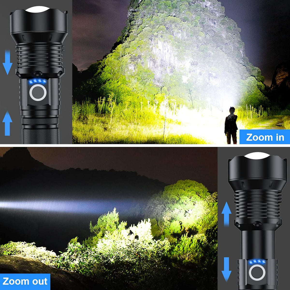 Milaoshu tactical flashlight highlighting the power indicator lights and button interface