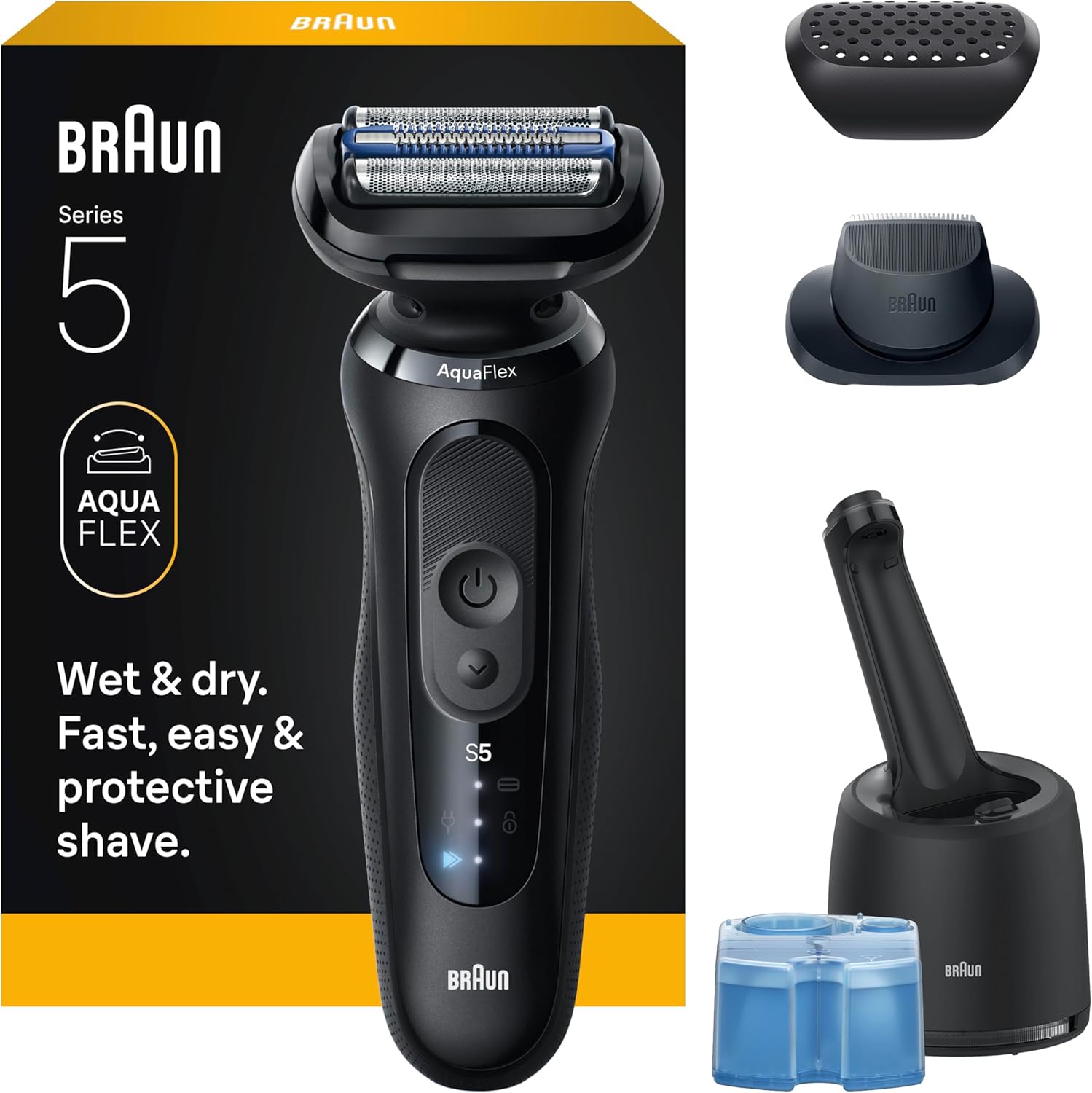 Braun Series 5 5160cc electric razor front view with clean and charge station.