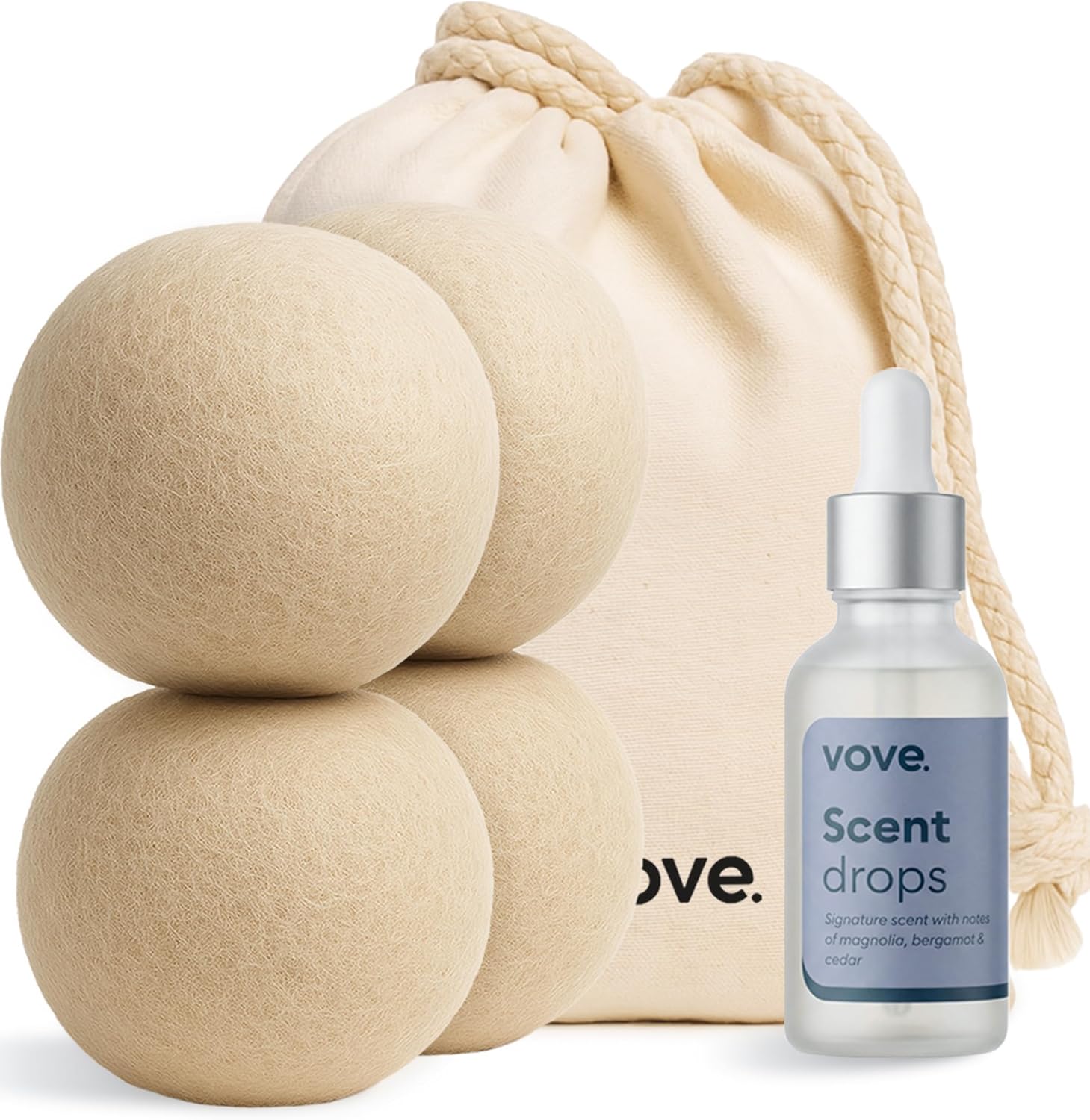 Vove Natural Hemp Dryer Balls Kit with Scent Drops - 4 Pack & Essential Oil Blend - 5X More Absorbent Than Wool - Natural Softener, Reduces Wrinkles and Static, Customizable Fresh Scent, Reusable - Image 1