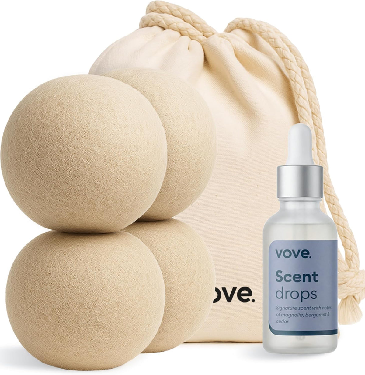 Vove Natural Hemp Dryer Balls Kit front view with essential oil bottle.