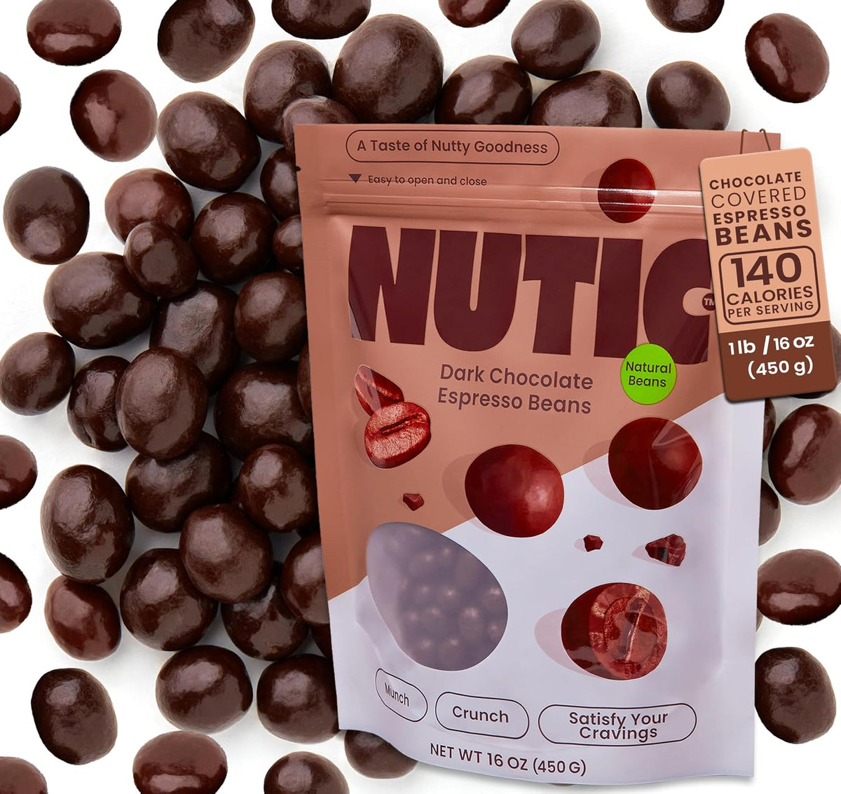 Nutic chocolate espresso candy serving size close up displaying glossy texture.