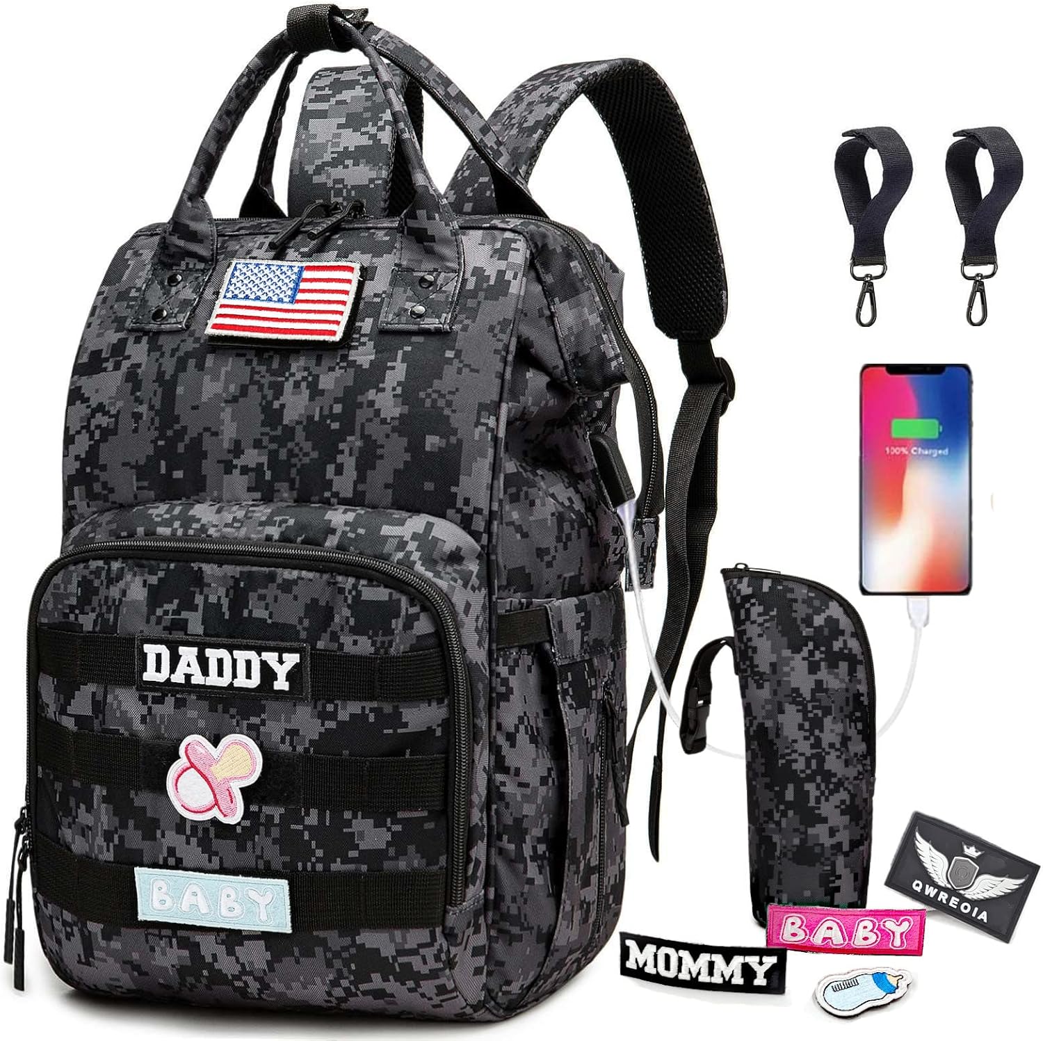 Qwreoia camo diaper bag backpack front view showcasing black and gray pixelated tactical camouflage pattern and daddy patch