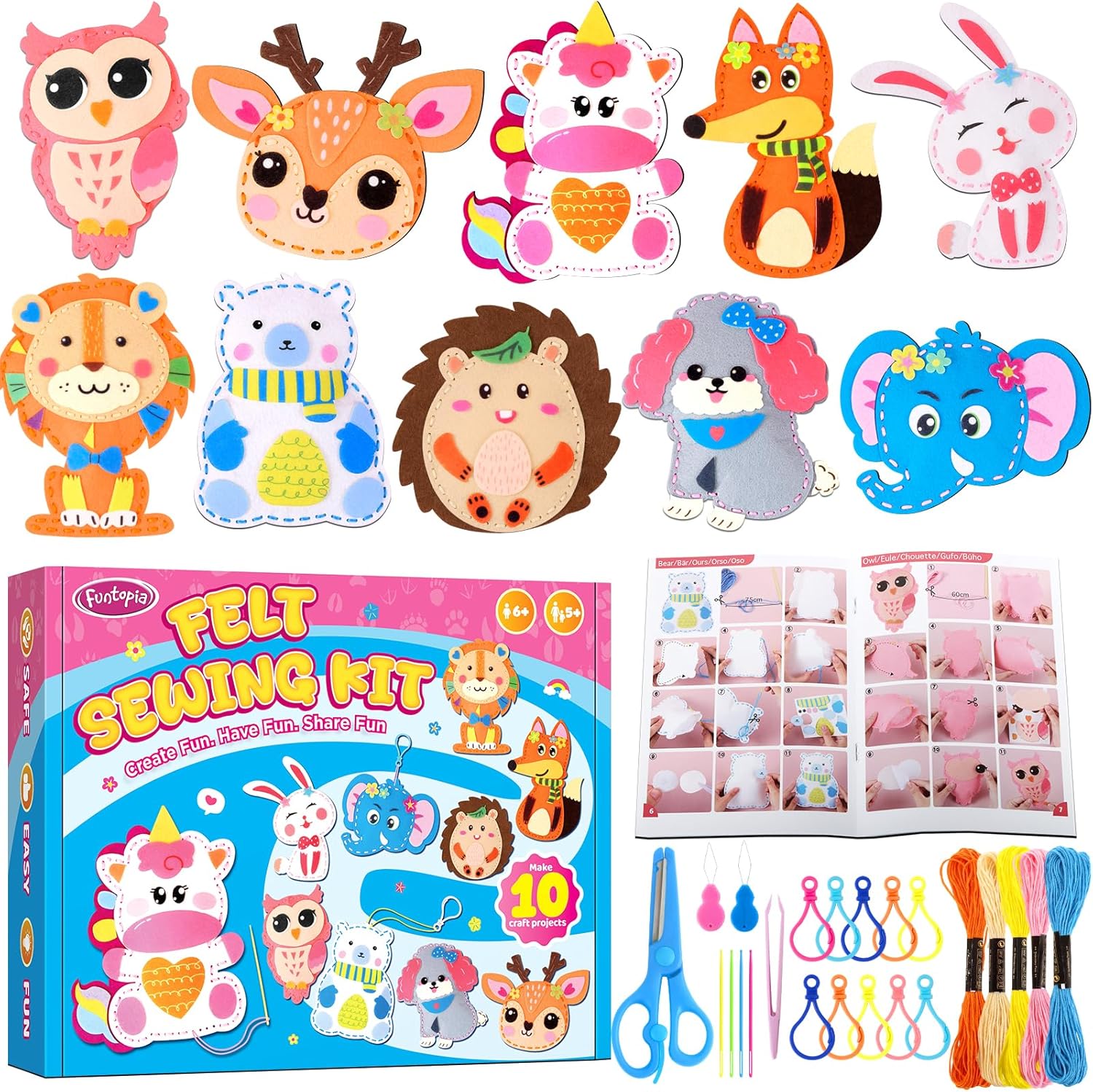 Funtopia Sewing Kit for Kids front view showing the complete beginner arts and crafts set with animal felt designs