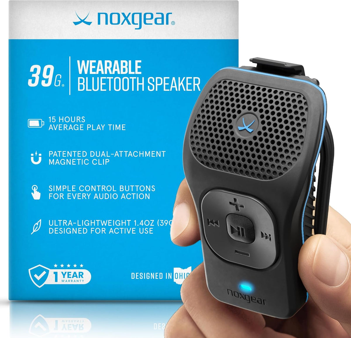 Noxgear 39g Wearable Waterproof Bluetooth Speaker front view showing black housing and tactile control buttons