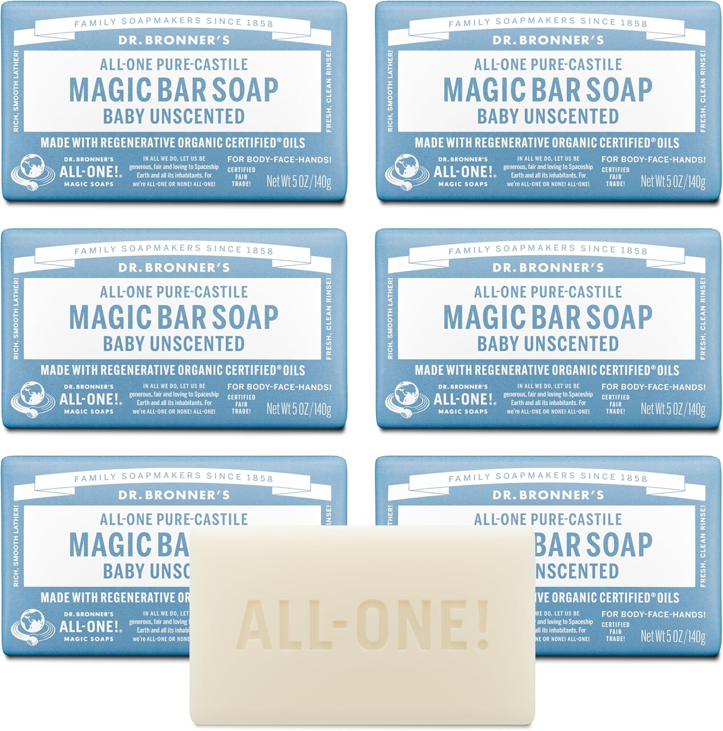Dr. Bronner's Pure-Castile Magic Bar Soap Baby Unscented front view showing six pack packaging