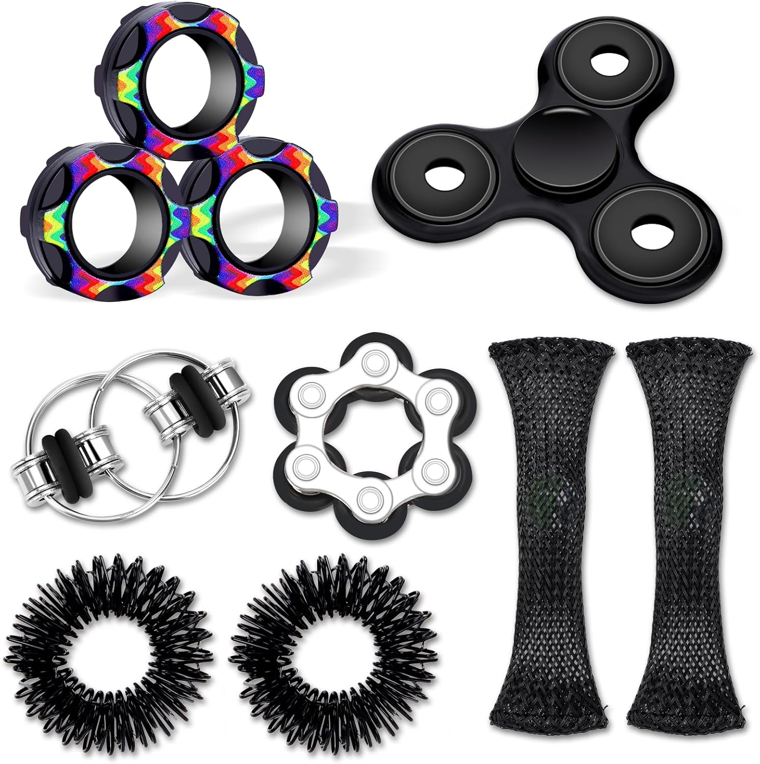 Vipctery eight piece fidget toys pack front view showcasing the complete sensory kit in black