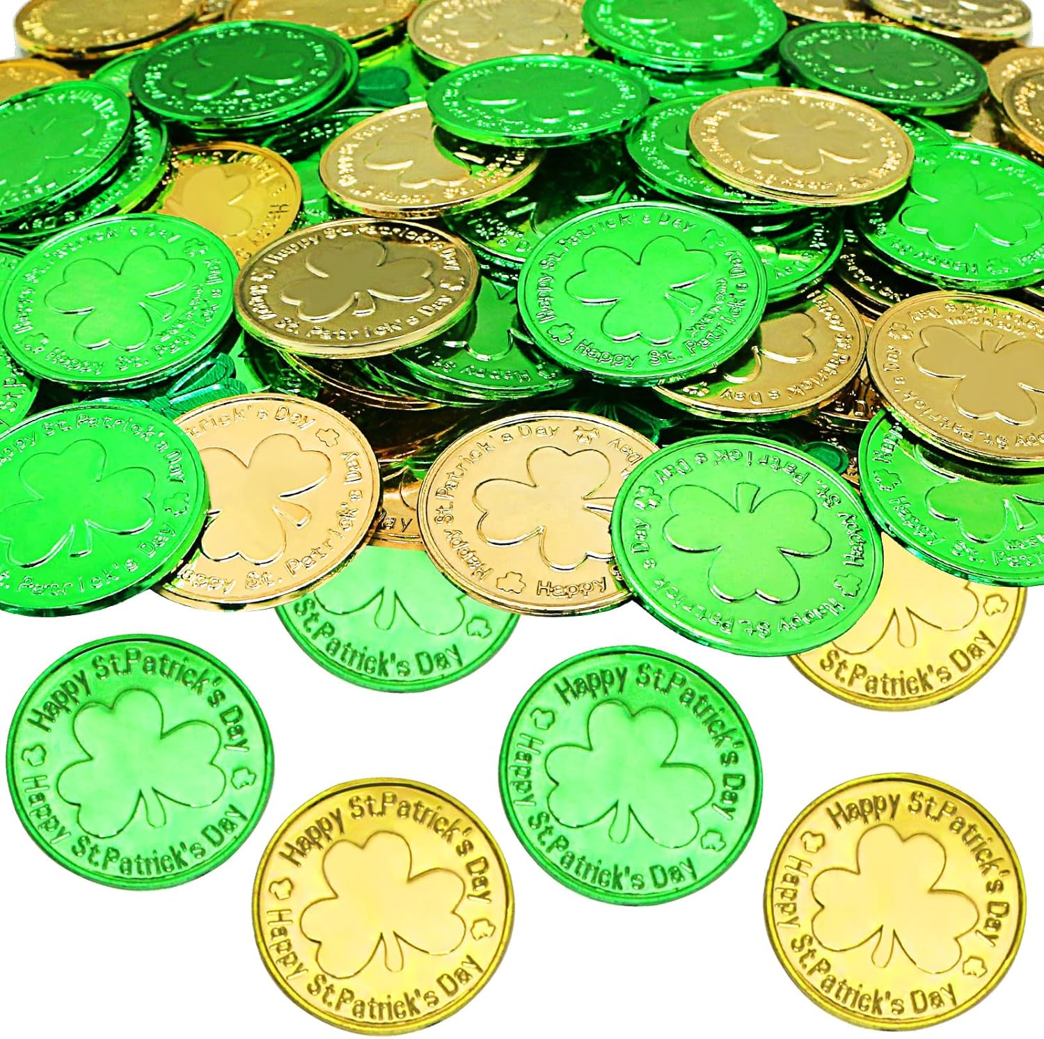 Giaueoa St Patricks Day coins front view showing green and gold plastic shamrock tokens scattered on a surface.