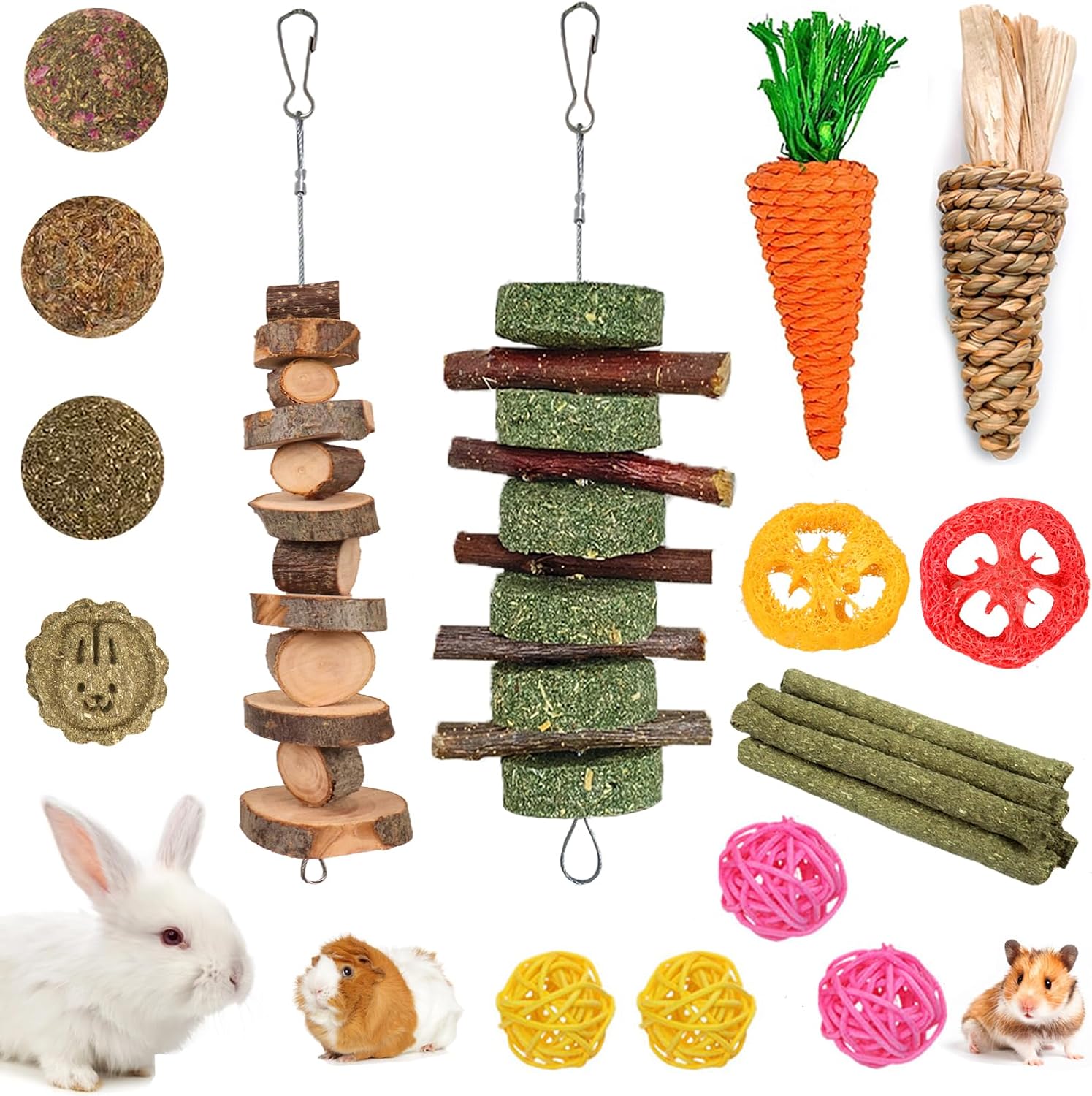 Grddaef Bunny Chew Toys 20-piece pack showcasing natural apple wood molar strings and timothy grass balls