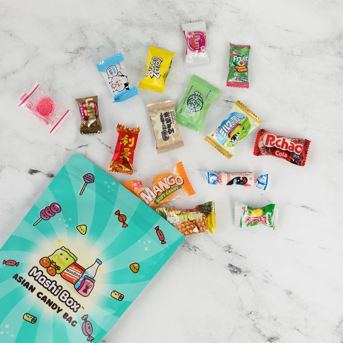Mashi Box snack gift care package showcasing twenty different unique candy flavors.