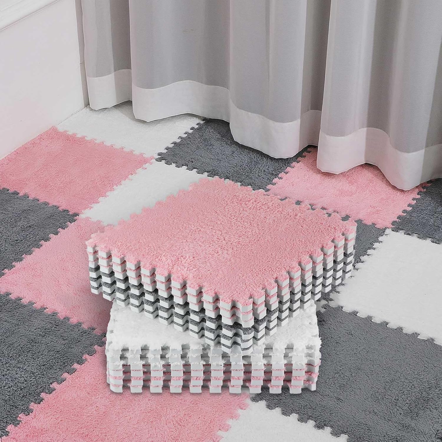 Amylove 18 pieces plush foam floor mat set in white, pink, and gray