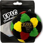 Epic Footbags Classic 32 Panel Suede Foot Bag front view showing the vibrant Rasta color scheme.