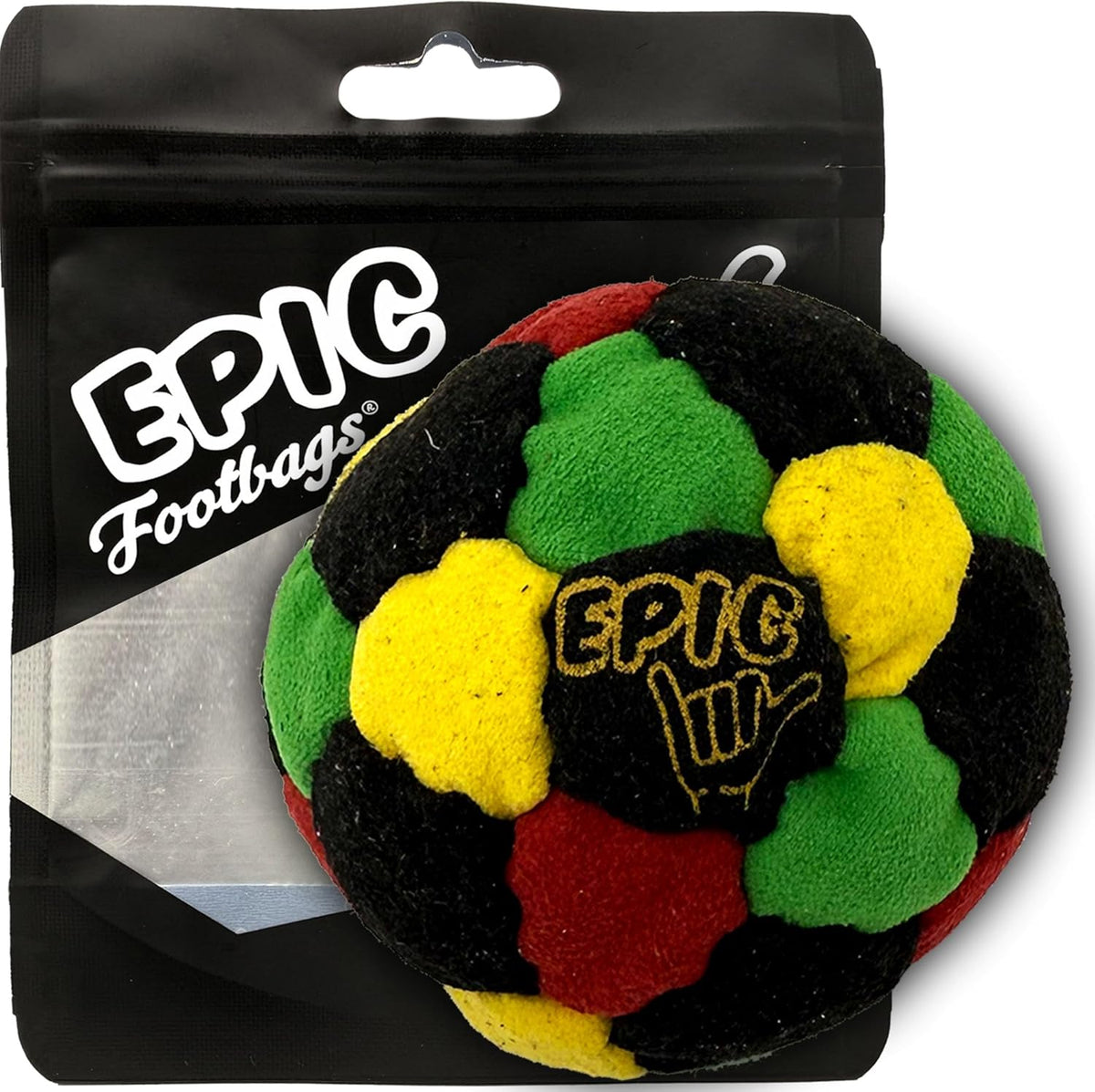Epic Footbags Classic 32 Panel Suede Foot Bag front view showing the vibrant Rasta color scheme.
