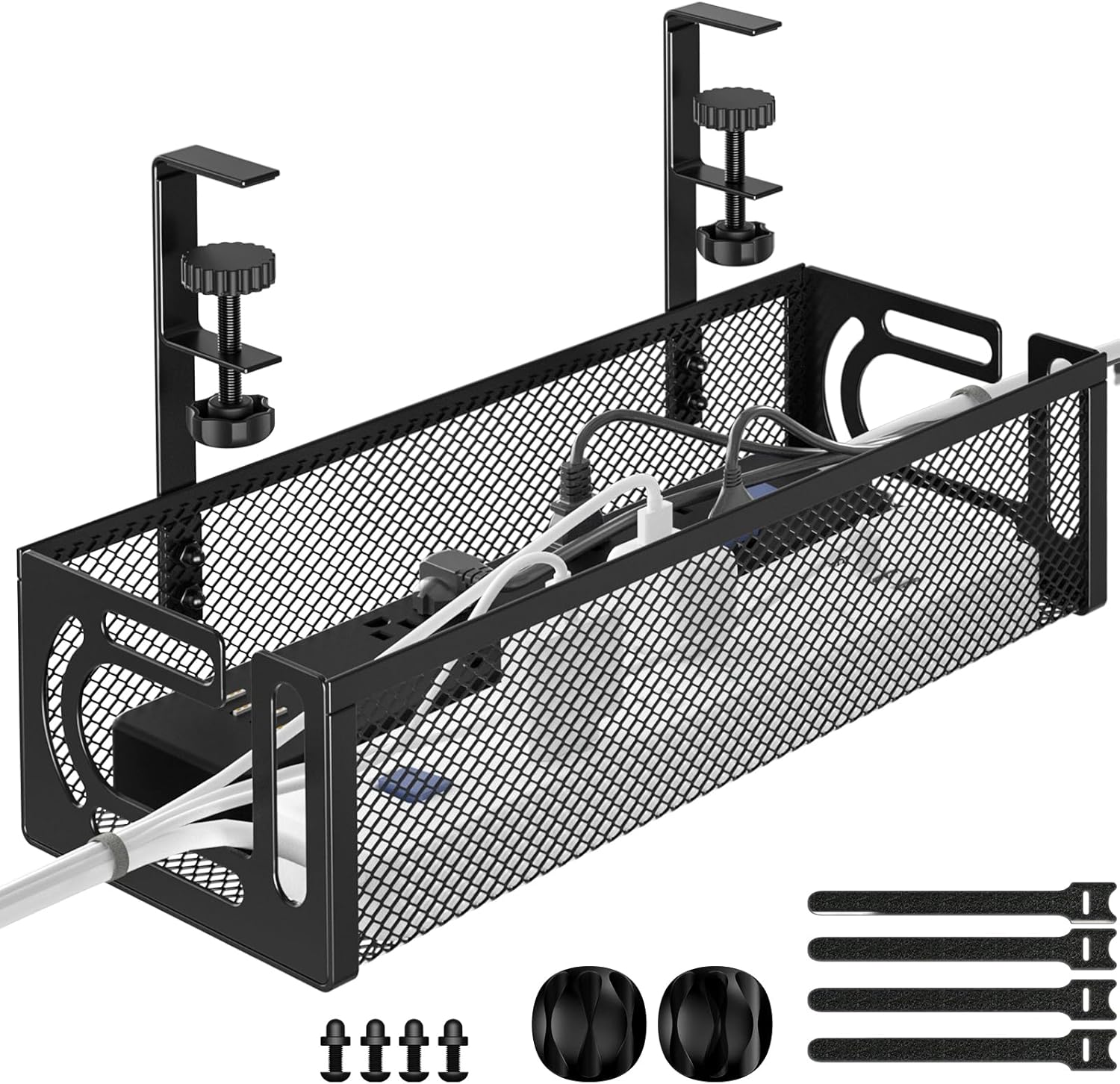 Foellstoe under desk cable management tray front view showing the sleek black steel mesh design attached to an office desk.